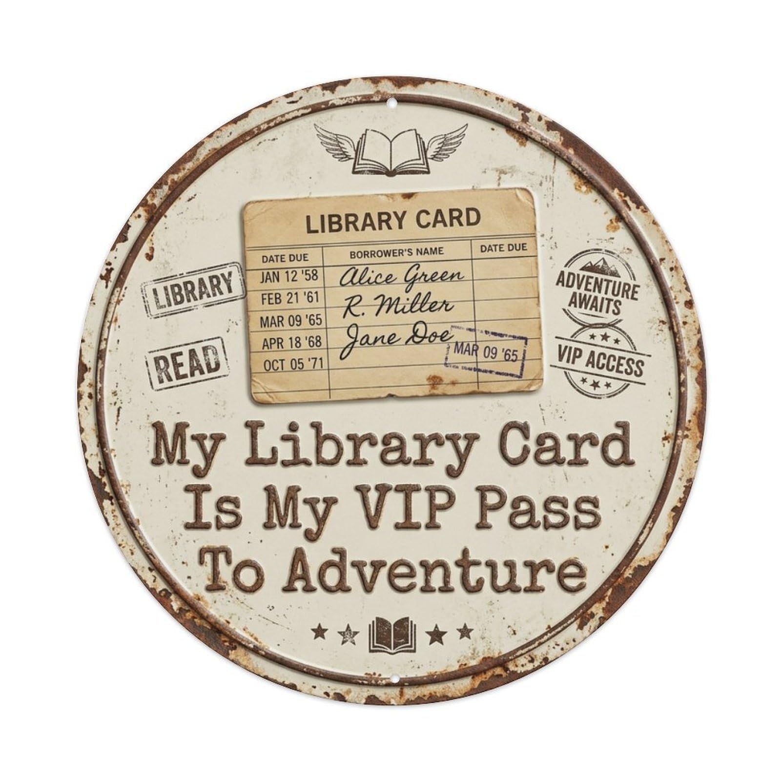 Library Card Borrow Livingroom Vintage Metal Tin Sign Plaque Wall Decor for Cafe, Club Bar, Office, Garden Metal Poster 8x8Inch