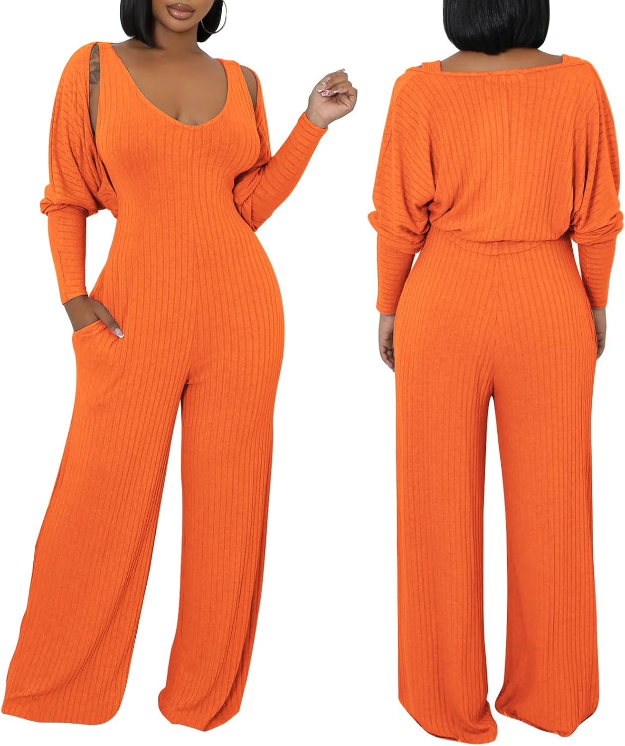 ECHOINE Womens V Neck Wide Leg Jumpsuits with Pockets Ribbed Long Sleeve Coat Pants 2 Piece Sets Outfits - Image 2