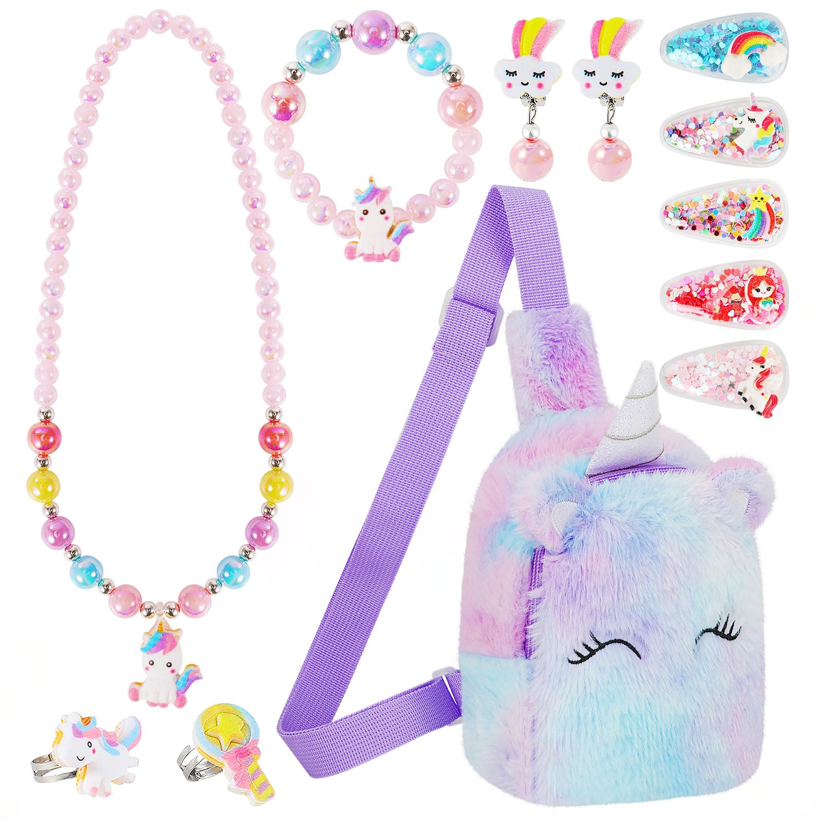 VGMANNTA – Coffret Licorne Fille : Sac à Main + Bijoux (collier, Bracelet, Boucles, Bagues, Pinces) – Cadeau 4-8 Ans