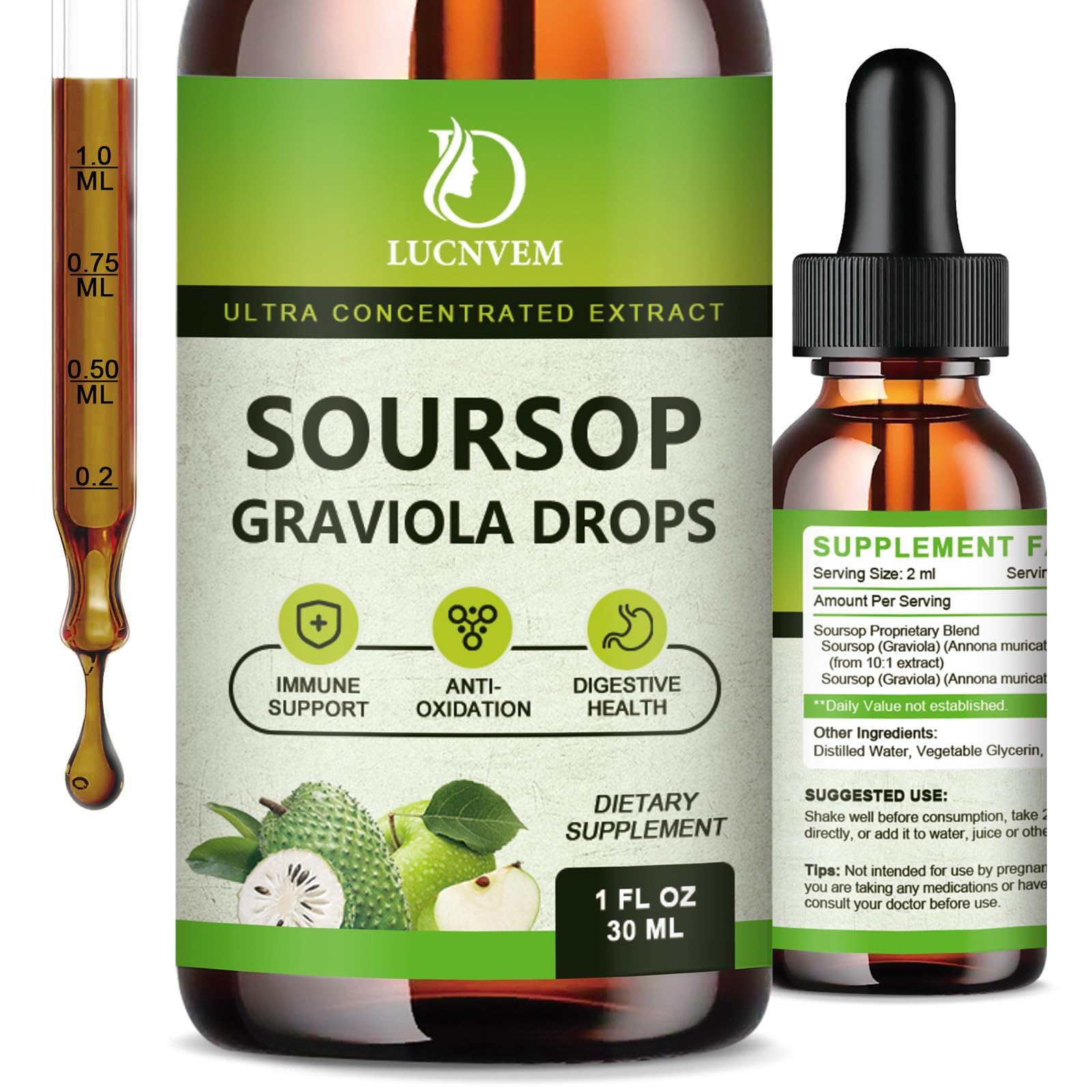 Organic Soursop Graviola Bitters Liquid Drops, Soursop Extract Organic Pure Rich in Multivitamin for Natural Antioxidant, Cell Support & Regeneration, Immune Boost - 2 FL OZ