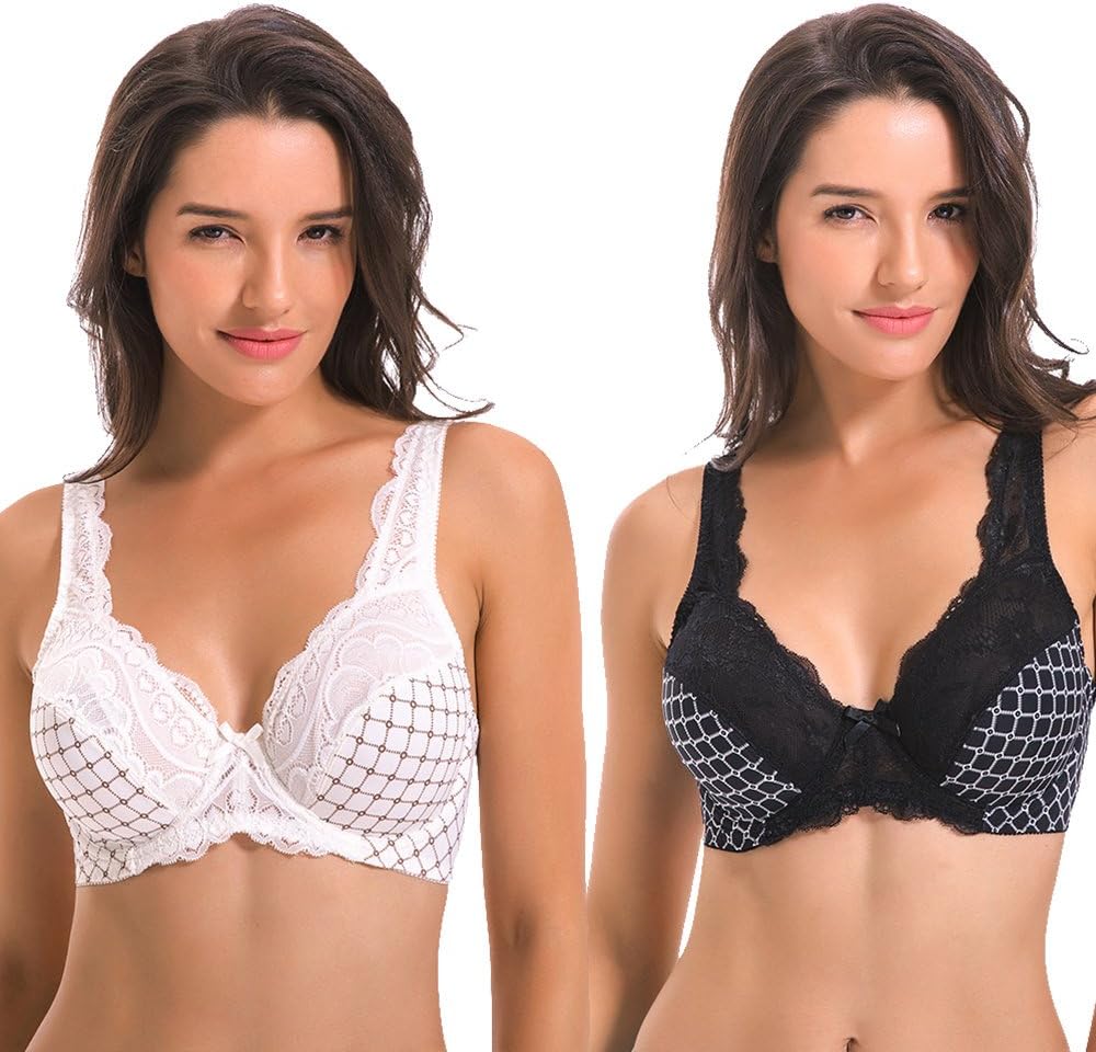 Women's Minimizer Unlined Underwire Bra With Lace Embroidery-2 pack