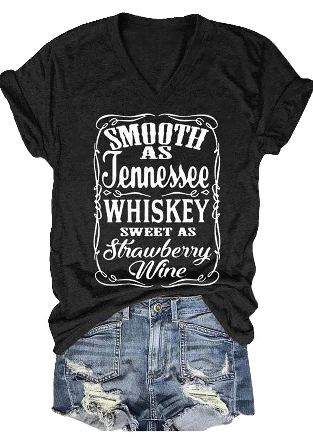 SRHJOPNFRSmooth as Tennessee Whiskey Sweet as Strawberry Wine T Shirt Women V-Neck Country Music Tee Tops Drinking Blouse