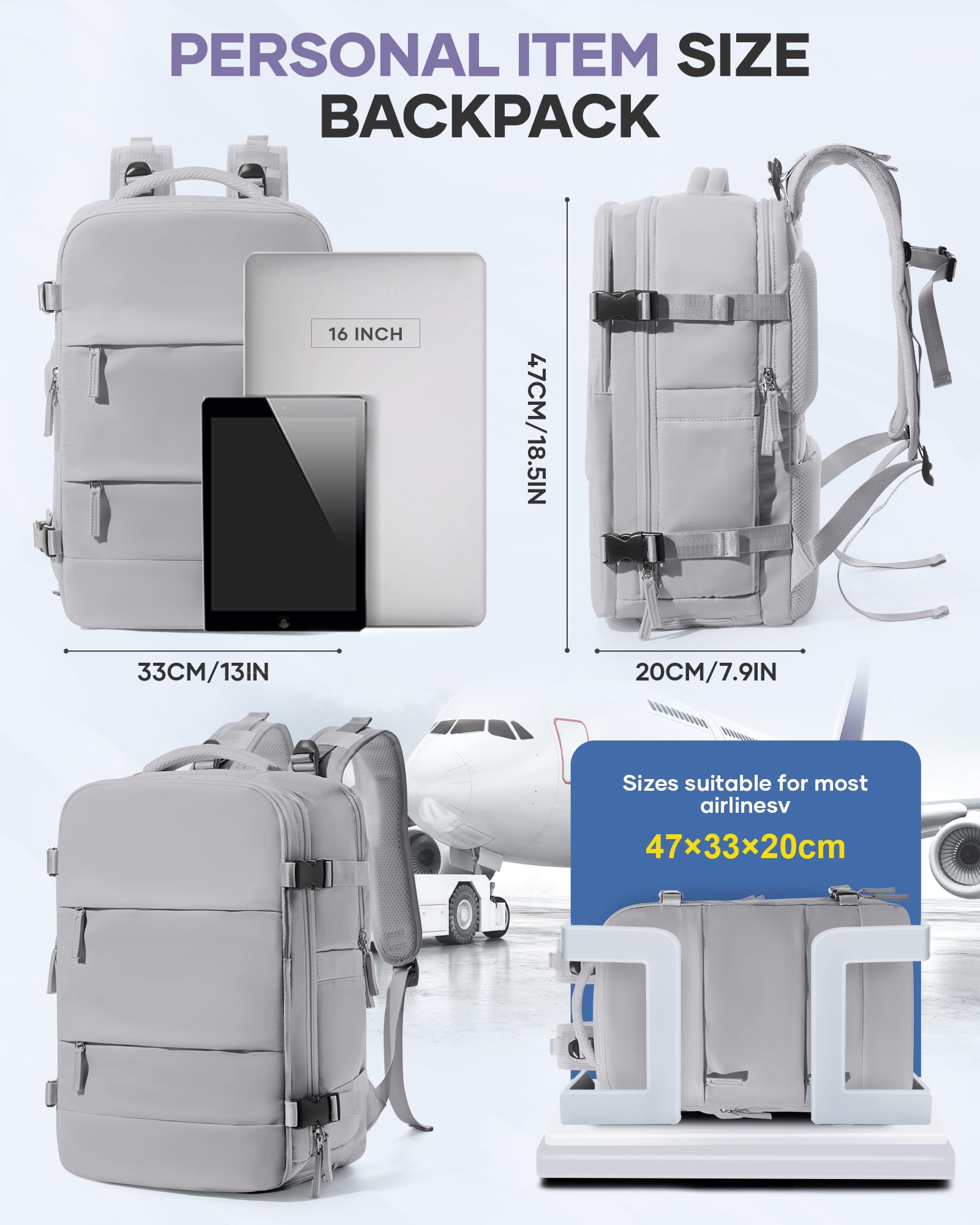 BJLFS Borse da Cabina per Ryanair 40x30x20 Zaino Wizzair Sottovuoto da viaggio 40x20x25 Bagaglio a Mano con compressione sottovuoto,Zaino Easyjet 45x36x20,Zaini Casual per laptop da 14 pollici