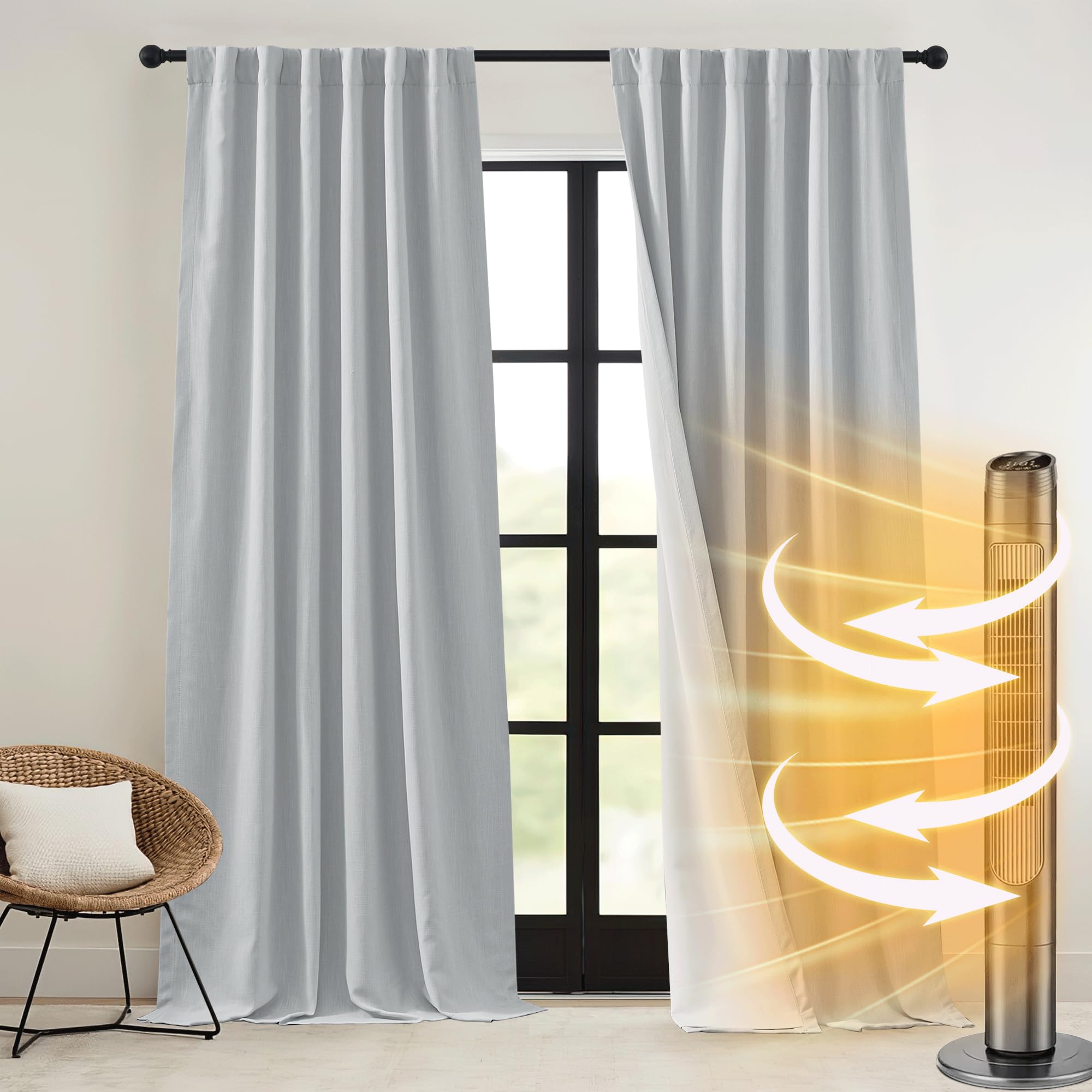 RYB HOME Faux Linen Living Room Curtains Pinch Pleated Blackout Thermal Insulated Sunshades Window Drapes, Privacy Backdrop for Dining Room, Sliver Grey, W 52 x L 120 inch, 2 Panels