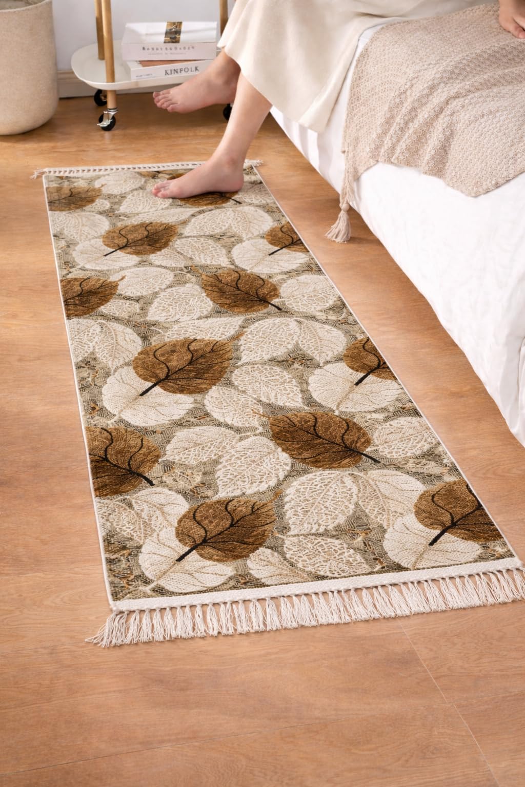 GLEAM Cotton Runner Rug 2 x 5 Feet | Soft Flat Weave Washable Floor Runner | Printed Bedside Rug for Bedroom, Hallway & Entryway | Durable Cotton Carpet for Home Beige Flower-image-31