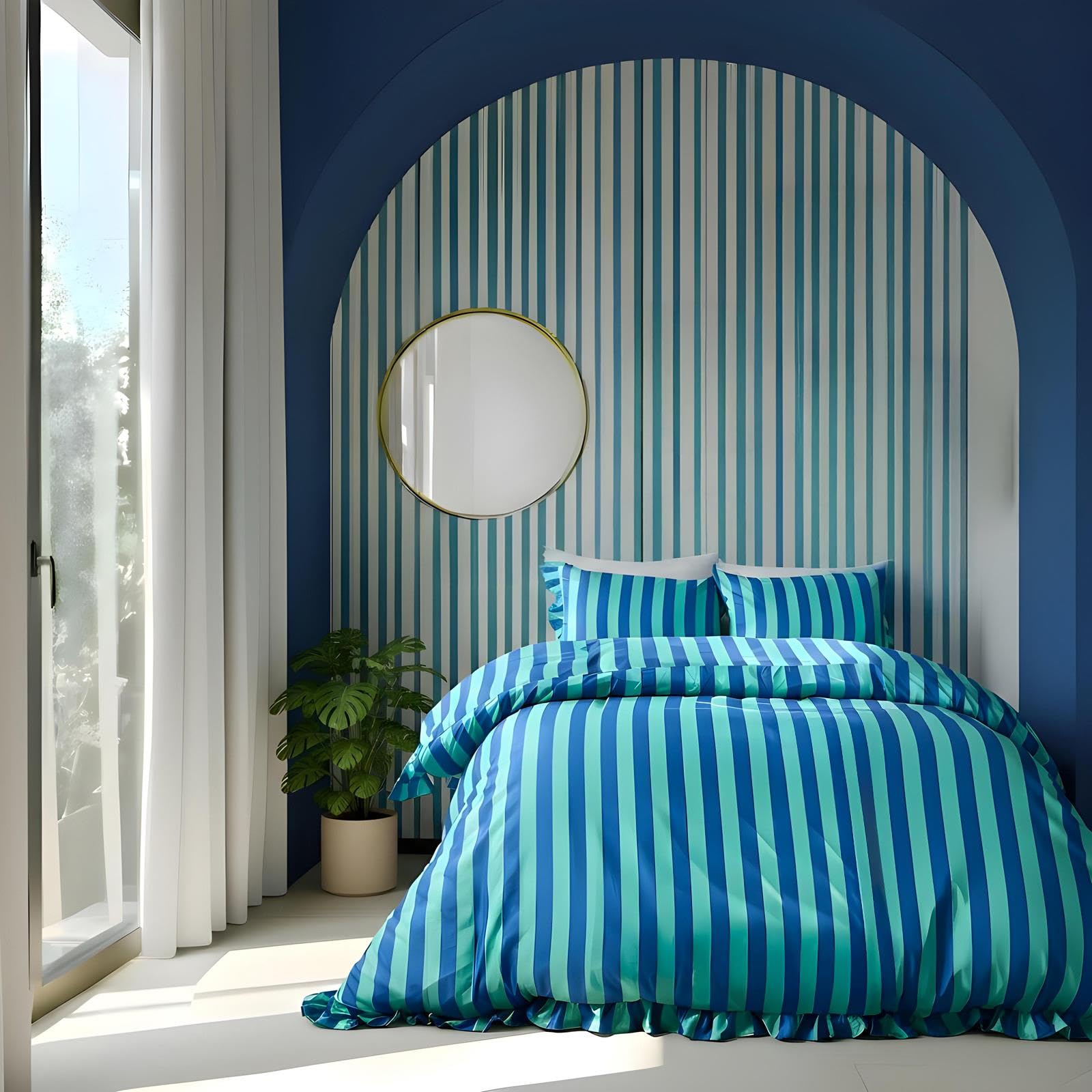 Ohs Blue/Green Stripe Bedding Single Duvet Cover Set, Super Soft Cosy Warm Microfibre Polyester Single Bedding With Frill Edge Stylish Comfy Quilt Cover Set With Pillowcase,