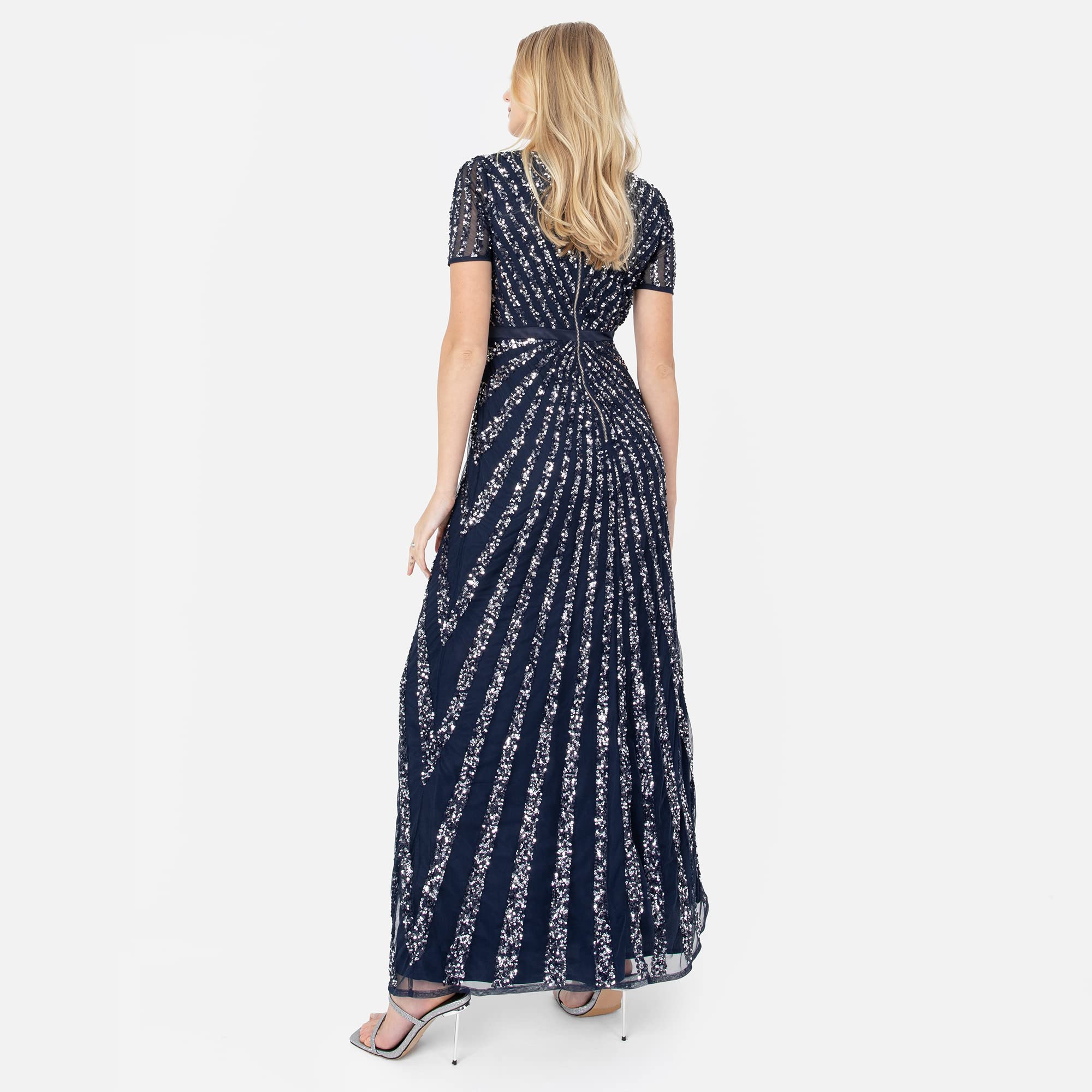 Maya Deluxe Damska sukienka maxi, damska, z wyszywanymi cekinami, z długim rękawem, dekolt w serek, wysoka talia, krój A, błyszcząca, na studniówkę, wesele, dla druhny, grantowy, 48