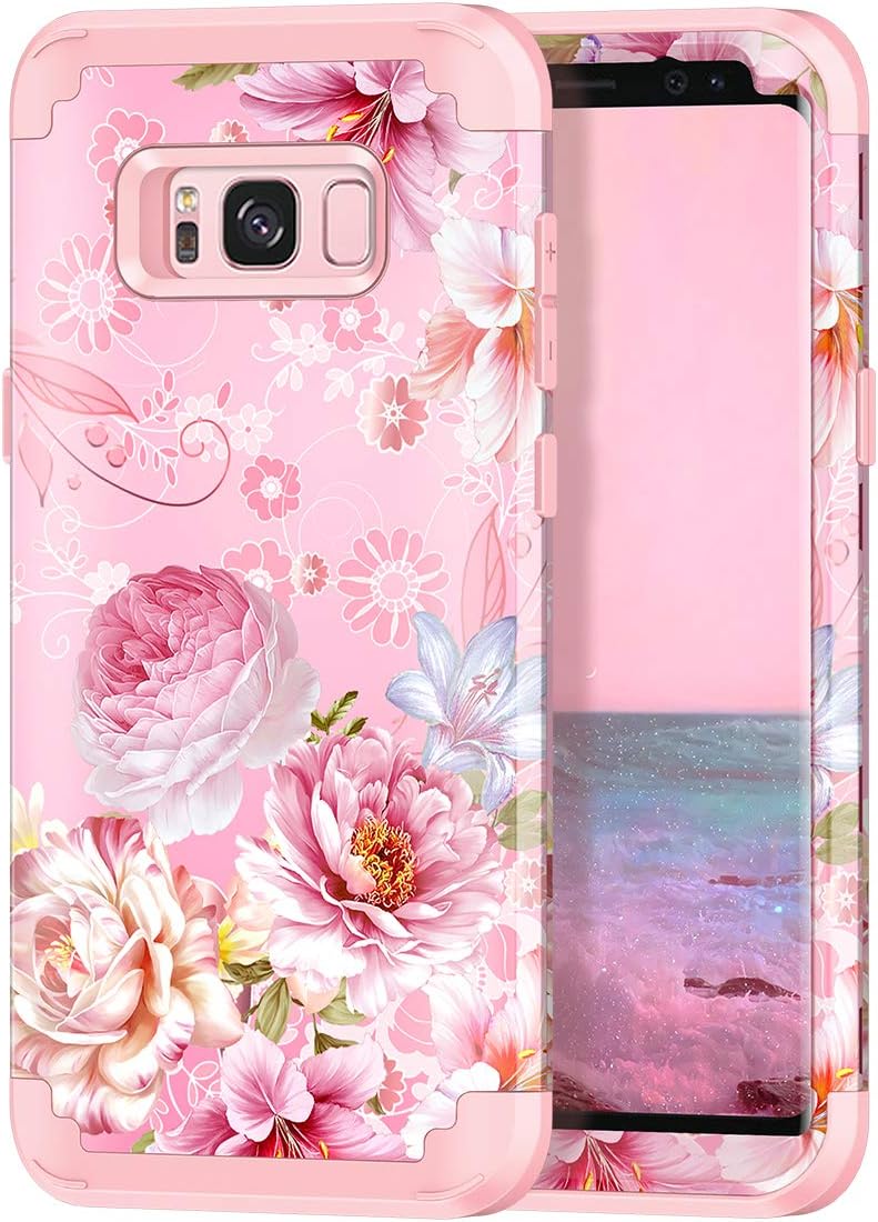 Hekodonk Compatible Galaxy S8 Case,Floral Design Heavy Duty Impact Shockproof Hard PC + TPU Fullbody Protective Cover for Samsung Galaxy S8 Pink Flower