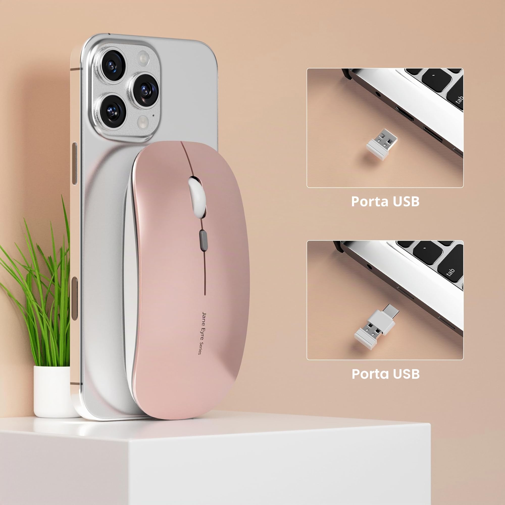 Uiosmuph Q5 Mouse Wireless Ricaricabile, Senza Fili Silenzioso 2,4G 1600DPI Mouse Portatile da Viaggio Ottico con Ricevitore USB per Windows 10/8/7/XP/Vista/PC/Mac (Oro Rosa)