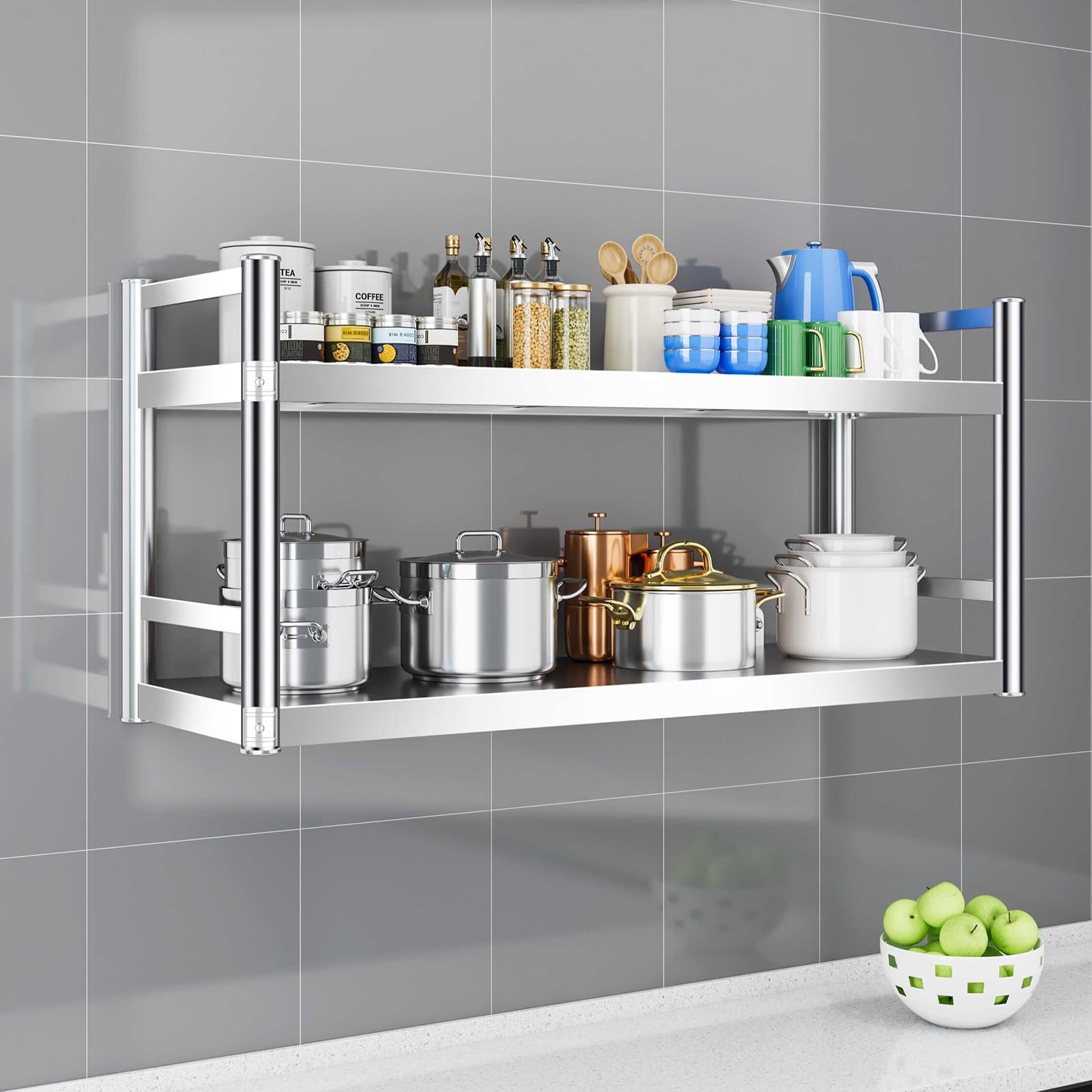 Scaffale da Cucina in Acciaio Inox, Organizzatore da Cucina a Parete, Rack di Memorizzazione per Spezie, Ripiano in Acciaio Inossidabile 2/3 Livelli(L 120 x W 20 x H 51 CM)