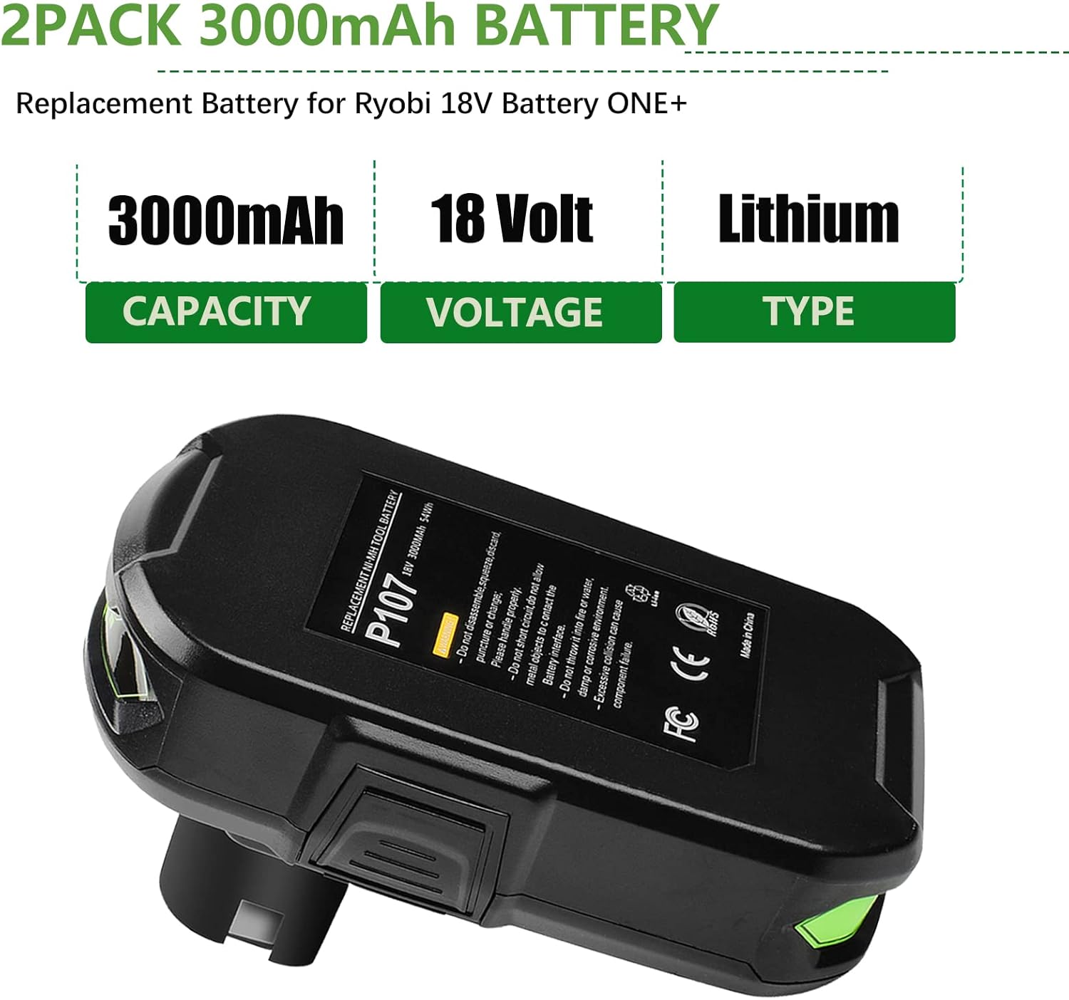 Bonacell 2Pack 3.0Ah Replacement for Ryobi 18V Battery and Charger Combo, Compatible with Ryobi ONE+ 18 Volt Battery and Charger P102 P103 P104 P105 P107 P108 P109 P190 P191 P122 Tools