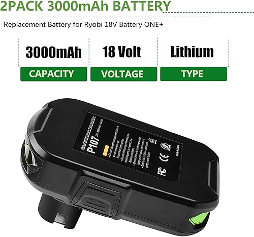 Miniatura 2 de Bonacell Paquete de 2 baterías de repuesto de 3.0Ah para Ryobi 18V y cargador combinados, compatible con Ryobi ONE+ batería de 18 voltios y cargador