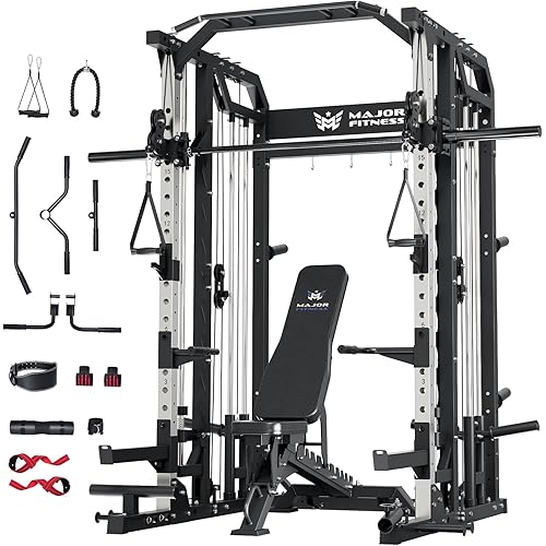Major Fitness Drone2 Smith△ Machine – All-in-One Home Gym Squat Rack with Weight Bar, Dual LAT Pull-Down Systems & Cable Crossover Machine for Full-Body Workouts