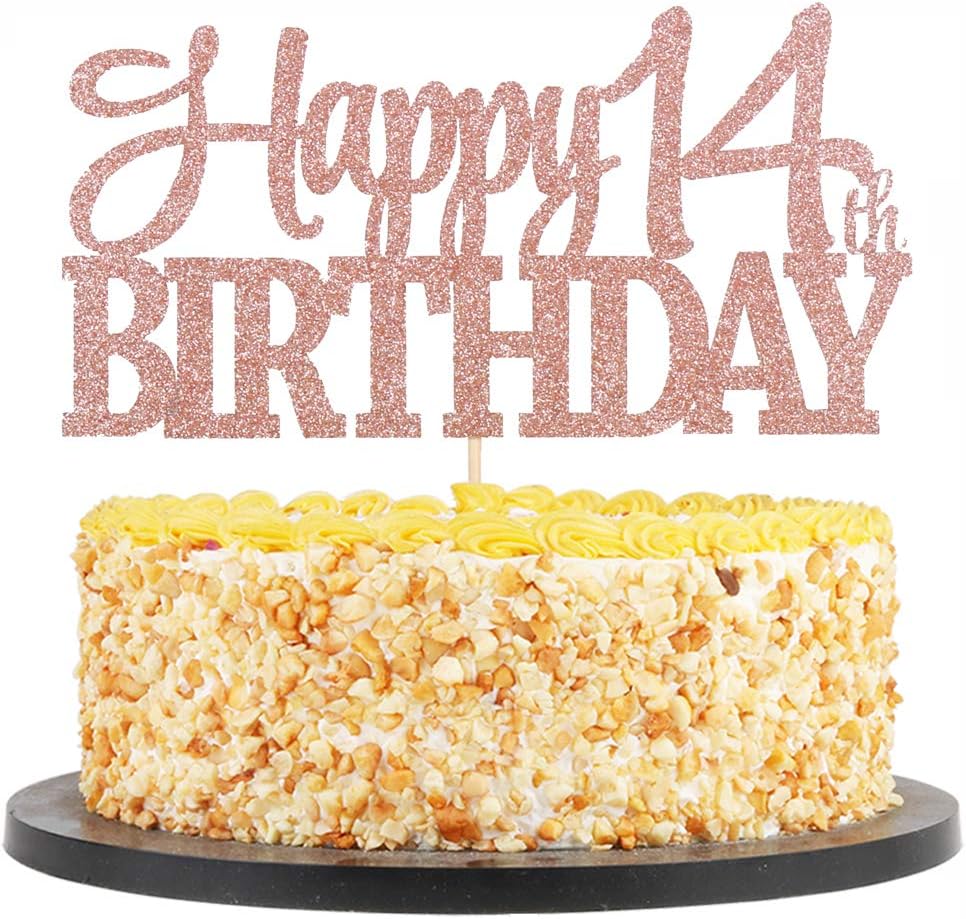 QIYNAO Rose Gold Glittering 14 Happy Birthday Cake Topper - Birthday Party Decorations,Birthday Cake Decor, Birthday Party Decor (14th)