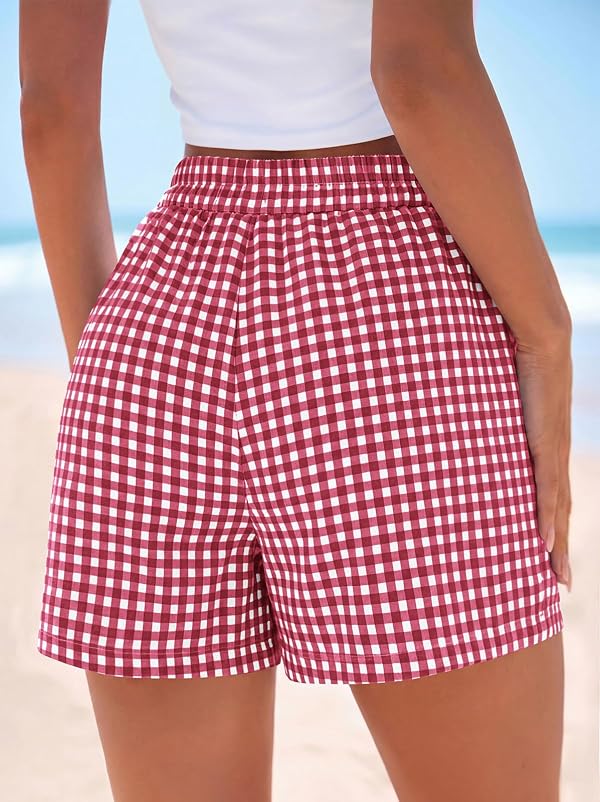 PRETTYGARDEN Womens Shorts Casual Elastic Waist Plaid Shorts for Women with Pockets Wide Leg Summer Beach Vacation Clothes (Plaid Red, X-Large) by PRETTYGARDEN - Image 4