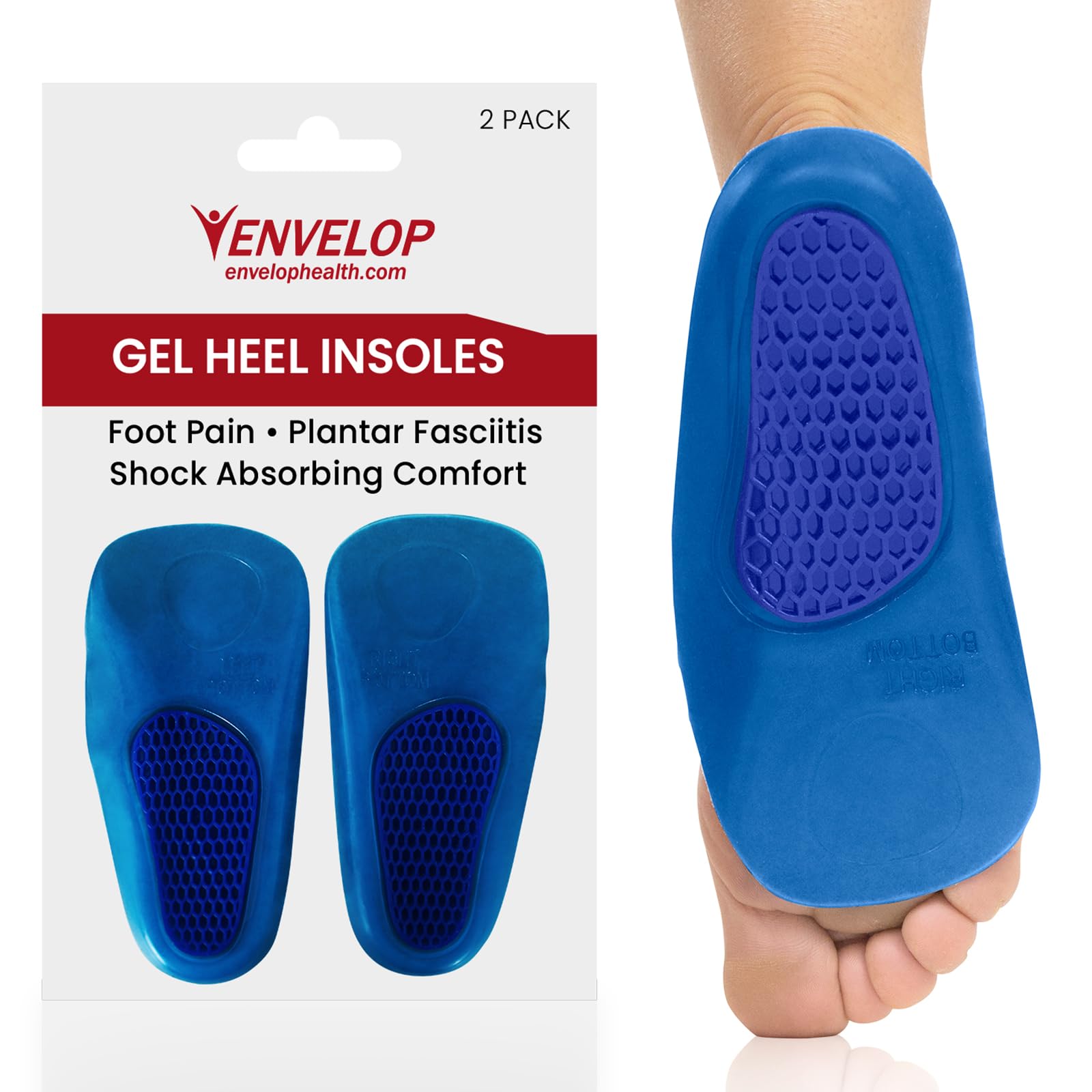 Envelop Gel Insoles for Men and Women - Shoe Heel Orthotics for Running, Hiking - Heel Cup Cushion Half Inserts - Reduce Foot Pain from Plantar Fasciitis, Spurs, Achilles and Arch Issues
