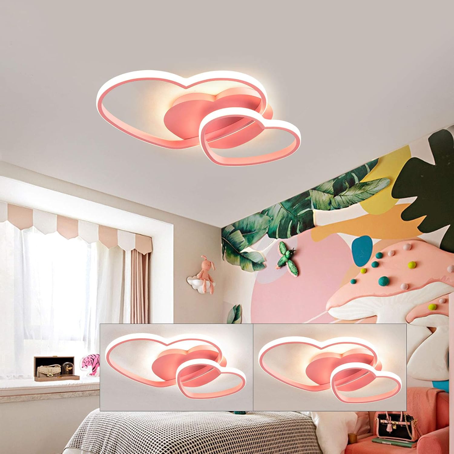 OUKANING 20" Kids Bedroom Creative LED Ceiling Light Fixture W/Remote Control, Chandelier Acrylic Flush Mount Ceiling Lamp, Heart-Shaped Pink Fixture Close to Ceiling Light for Girl Room Romantic
