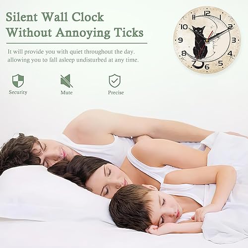 Miniatura 5 de Relojes de pared, gato negro de 10 pulgadas, reloj de pared pequeño con pilas de luna, decorativo para cocina, sala de estar, dormitorio, baño,