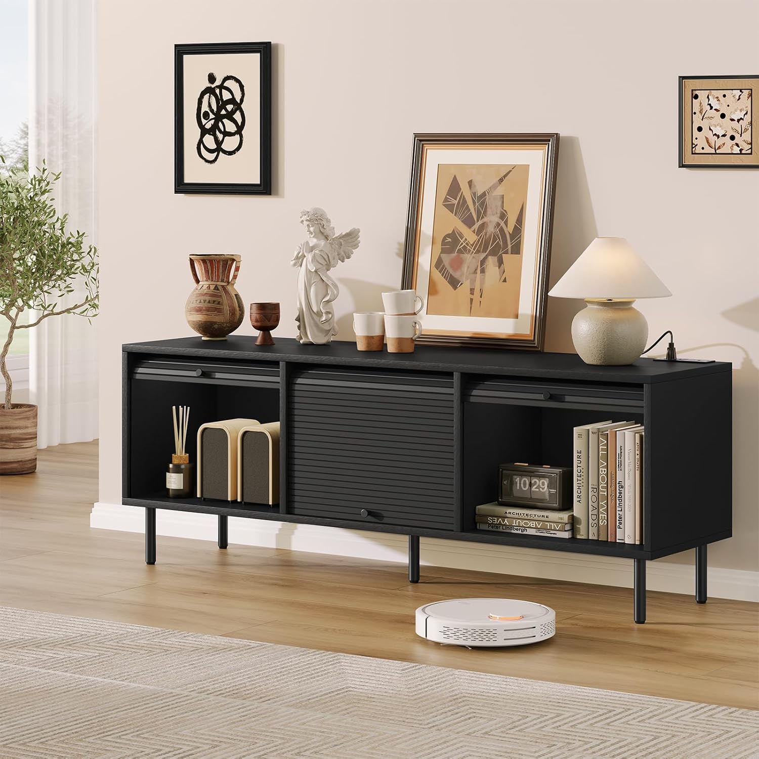 59" Sliding Door TV Stand for TVs up to 65 Inch, Mid-Century Modern Entertainment Center with Power Outlet & Adjustable Shelf, Media Console with Storage for Living Room, Bedroom, Black