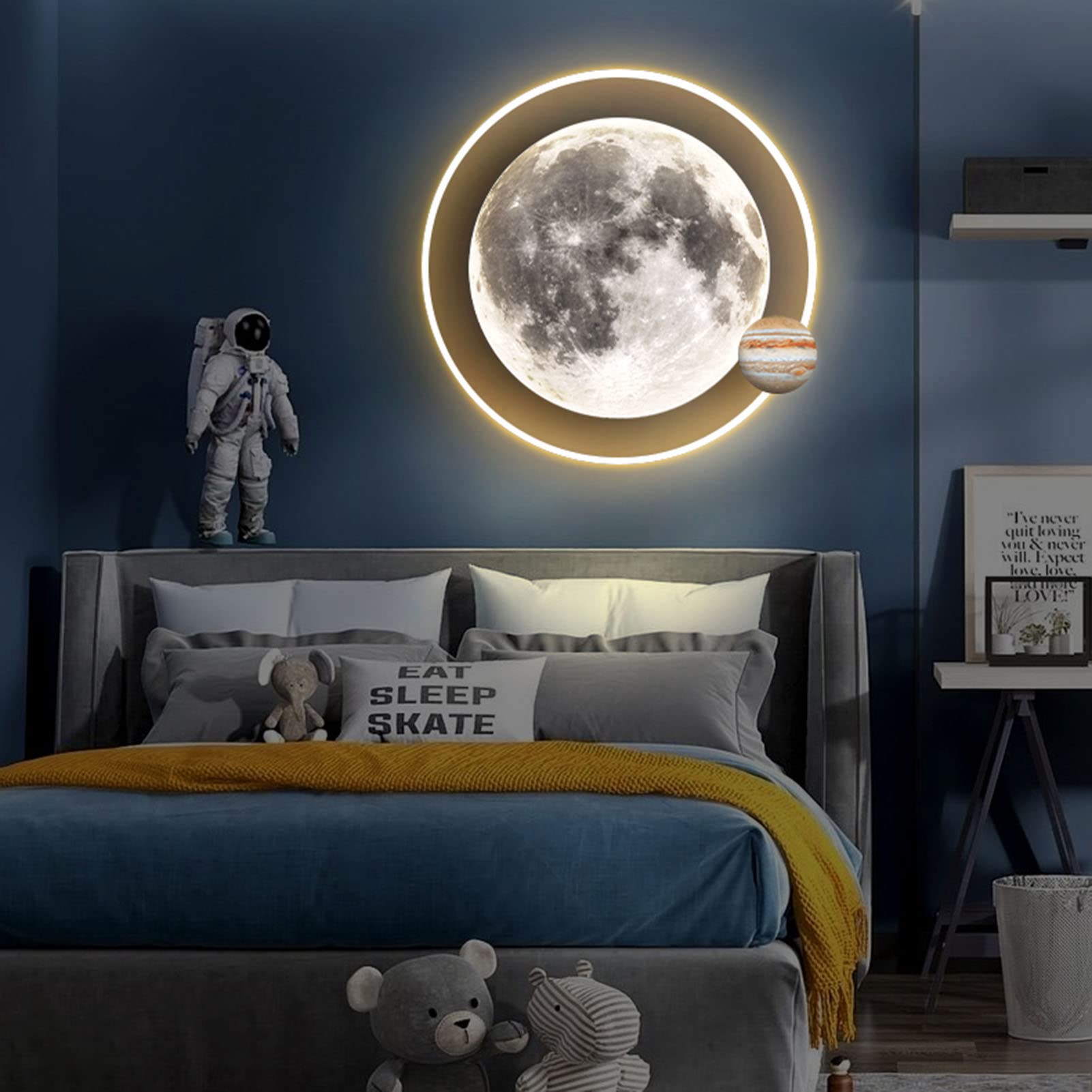 Lampada da parete a LED a forma di luna, lampada 3D con telecomando, funzione di regolazione dell'intensità luminosa, rotonda, ideale da posizionare accanto al letto per la cameretta dei bambini, 15W