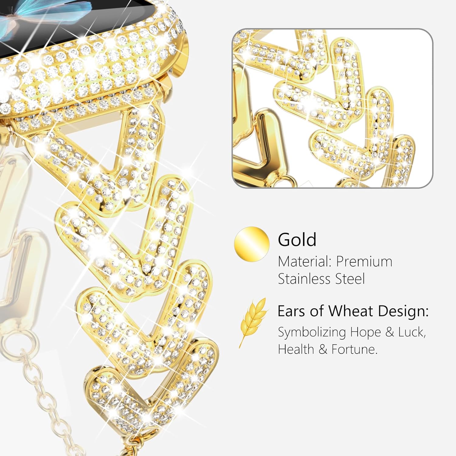 WINGLE Compatible for Gold Apple Watch Band Women 44mm SE 3/2/1 Series 6 5 4 with Diamond Screen Protector Case, Luxury Sparkle Rhinestone Crystal Bling Metal Band Designer Chain Bracelet 44 mm - Image 2