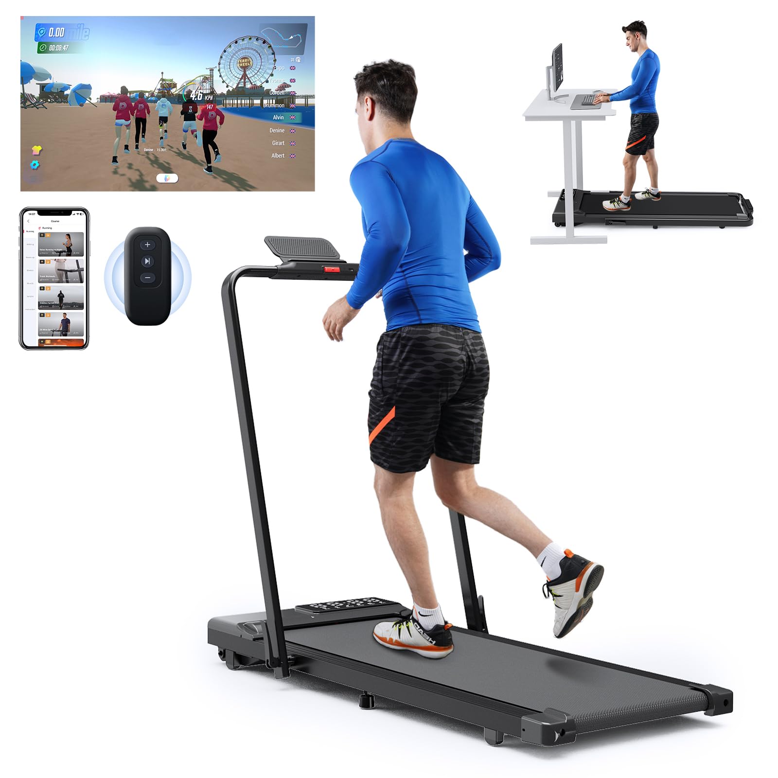 Treadmill for Home Foldable, Oversize Treadmills for Heavy People Safer 110 * 40CM, Raceable Walking Pad Treadmill with LED Display Max 145KG Running Machine with AI Coach and Runner Game