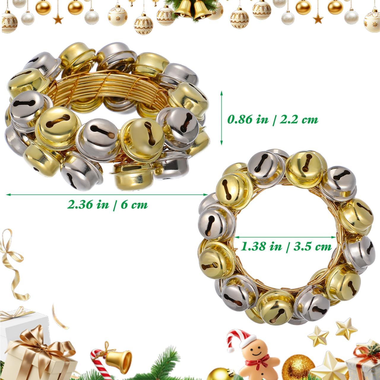 Hemoton 4 Pcs Christmas Jingle Bell Napkin Rings, Gold Silver Metal Bell Napkin Holder with Sound, Xmas Holiday Serviette Buckles for Dinner Table Setting Decor