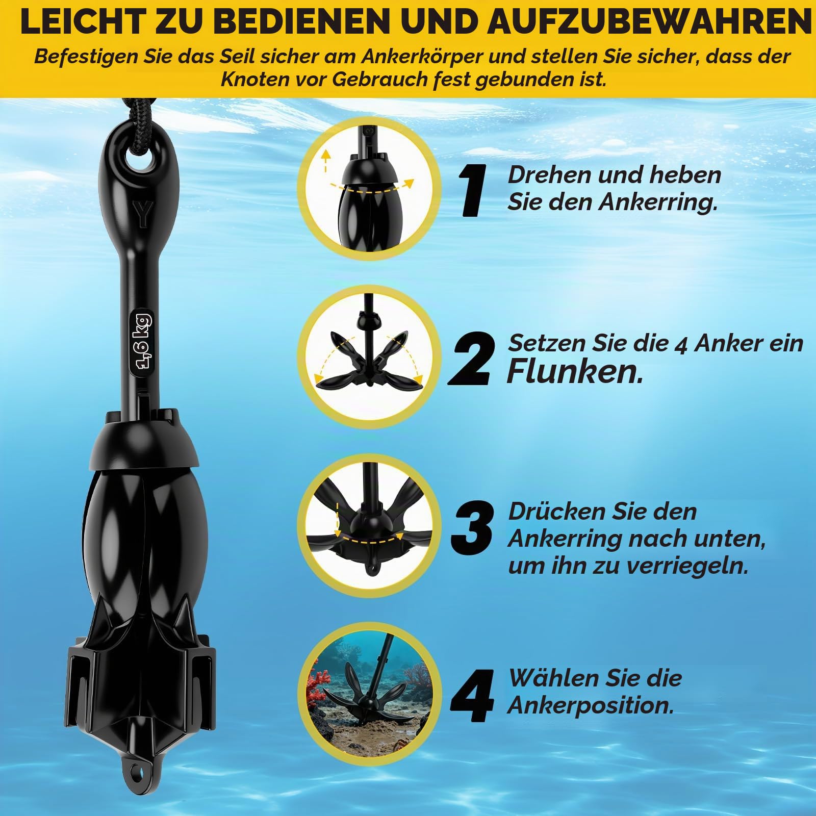 Anker Boot, 1,59KG Bootsanker Kajak Zubehör Klappanker Wurfanker mit 10M Ankerleine, Bojenkugel und Aufbewahrungstasche, Anker Bootsanker für SUP, Schlauchboot, Paddelboot, Schwarz