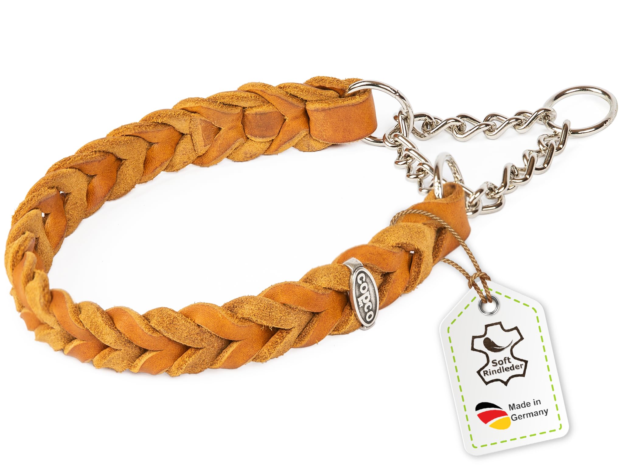 CopcoPet Fettleder Halsband 35–40cm x 20mm Cognac – Geflochten mit Zugstopp-Kette – Robust & weich – Verchromte Kette – Lederhalsband für kleine Hunde, Training & Alltag