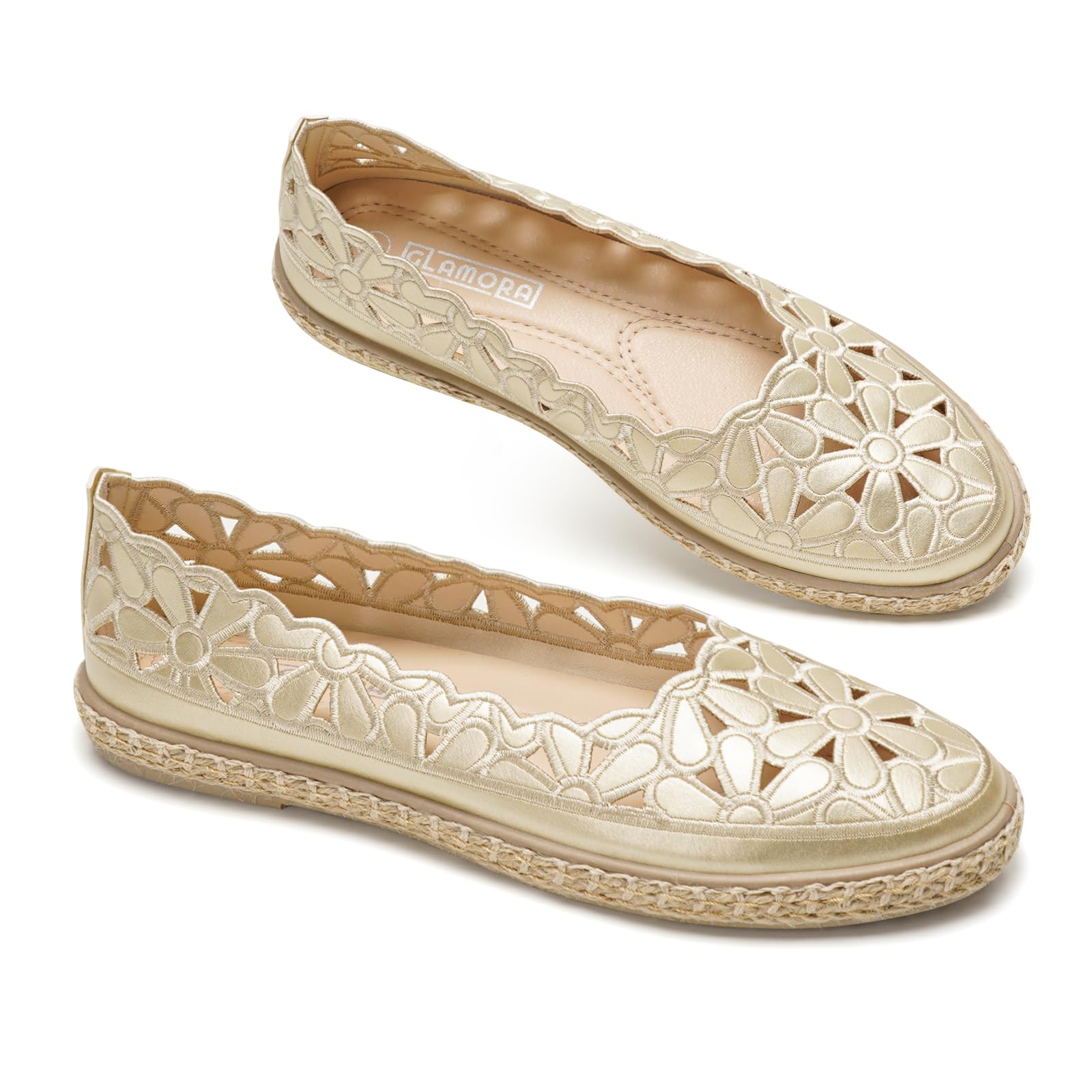 GLAMORA Damen Espadrilles mit Blumenausschnitt, Atmungsaktive Sommer Ballerinas, Bequeme Flache Schuhe für Freizeit und Alltag
