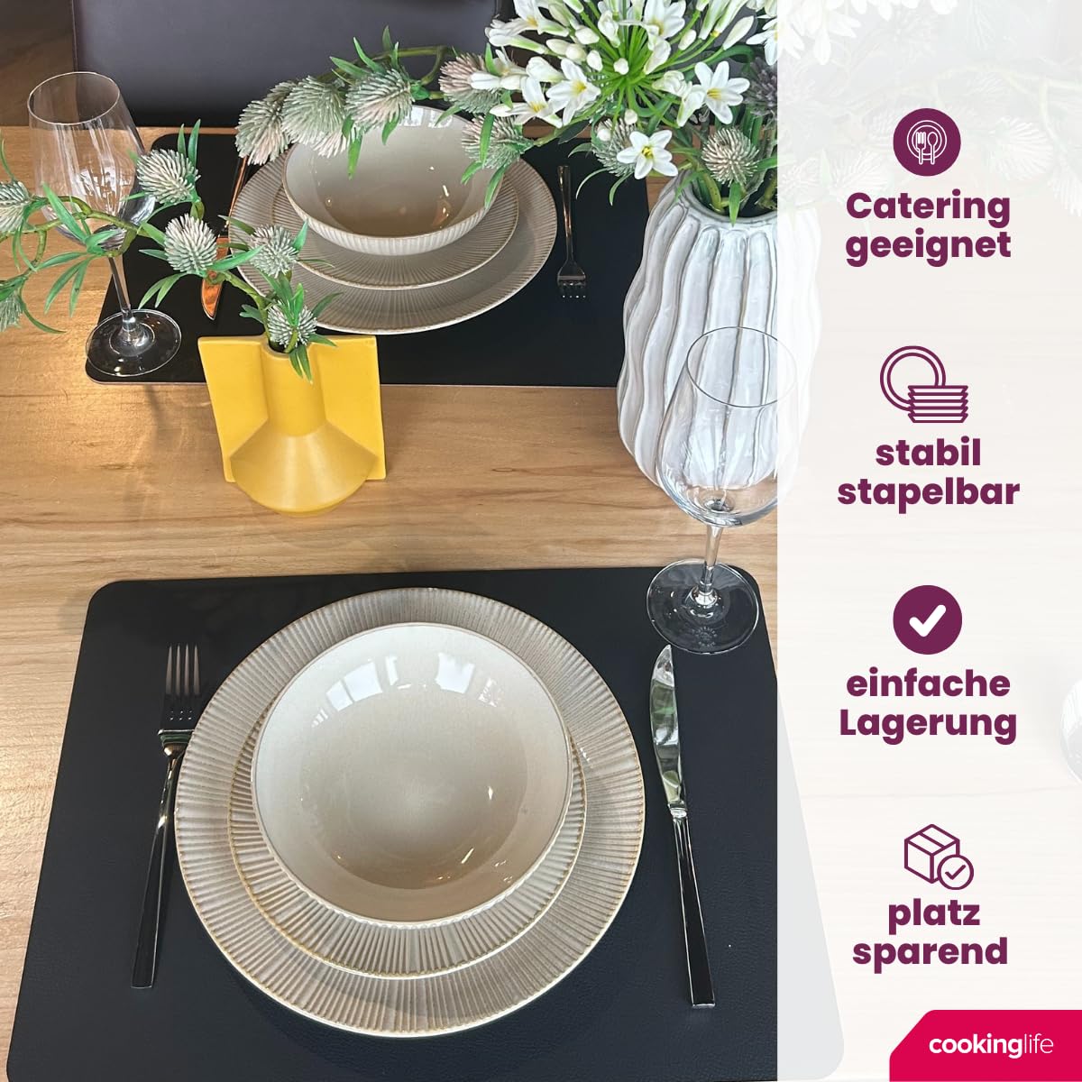 Cookinglife Geschirrset Coastal Lines Ocean Beige, 18-teilig für 6 Personen, Steingut, spülmaschinen- und mikrowellengeeignet