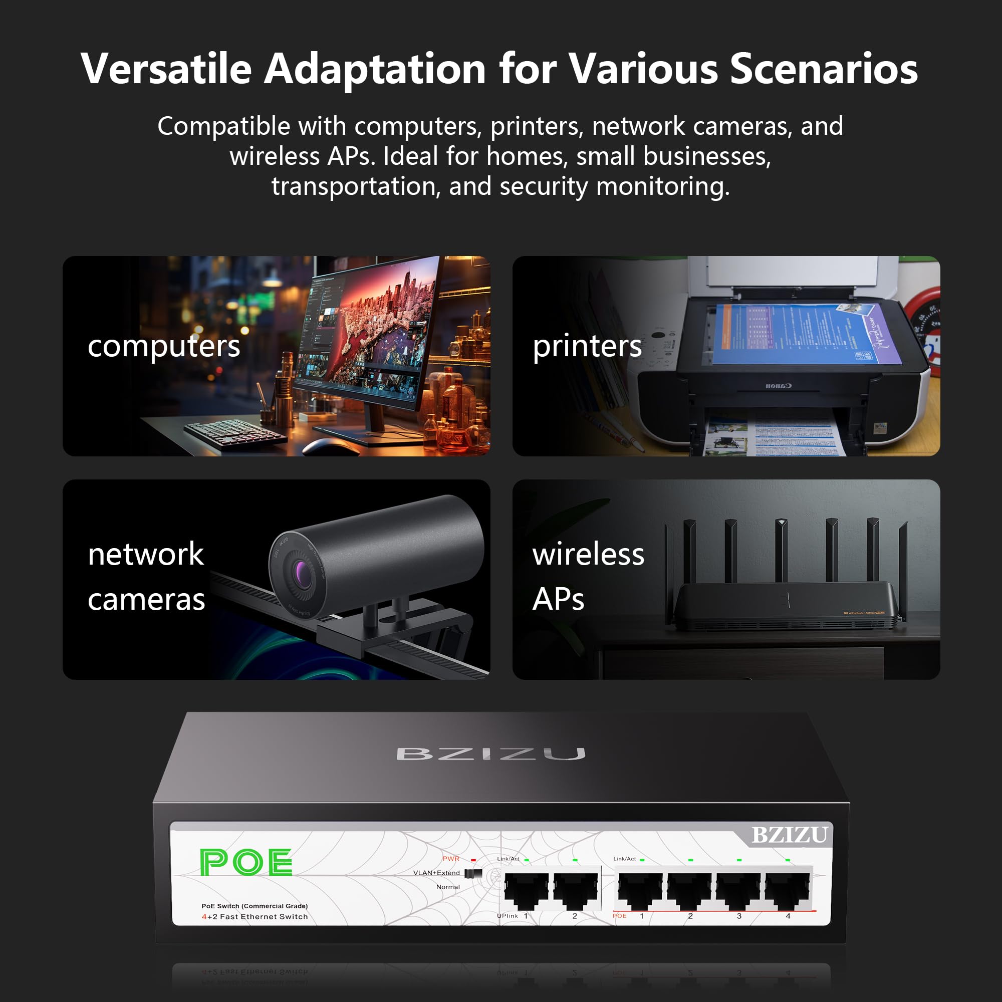 PPP PP-「P」 4枚 BZIZU 4 Port PoE Switch, 4 100Mbps PoE Ports + 2 Uplink, 65W Power