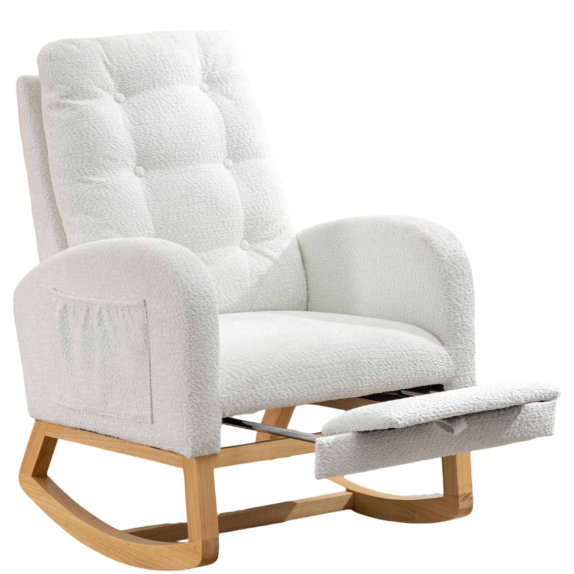 Nursery Rocking Chair with Retractable Footrest and Convenient Storage Pocket Sturdy Wooden Frame 300lb Capacity, Foam Cushion,White