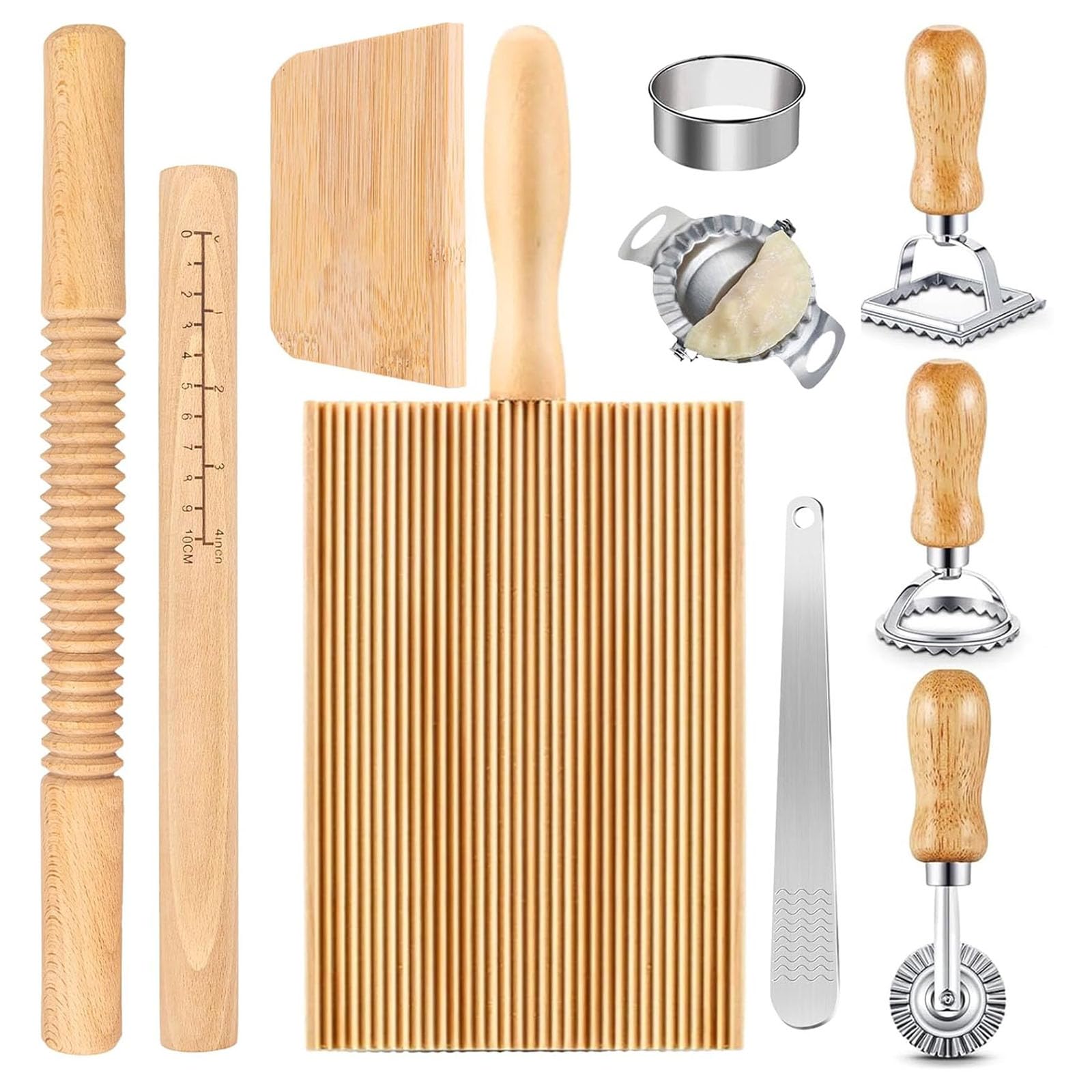 Bottone Pastas Making Set Wood Rolling Pin with Scales Gnocchi Board Dough Scraper and Ravioli Stamp Cutter Suitable for Kitchen Wood Rolling Pin
