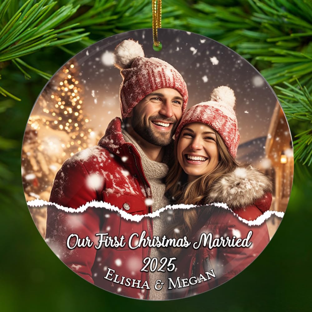 WONWIX Personalized Our First Christmas Married Ornaments Newlyweds Keepsake Custom Photo Wedding Ornament Gift for Romantic Couple Husband Wife