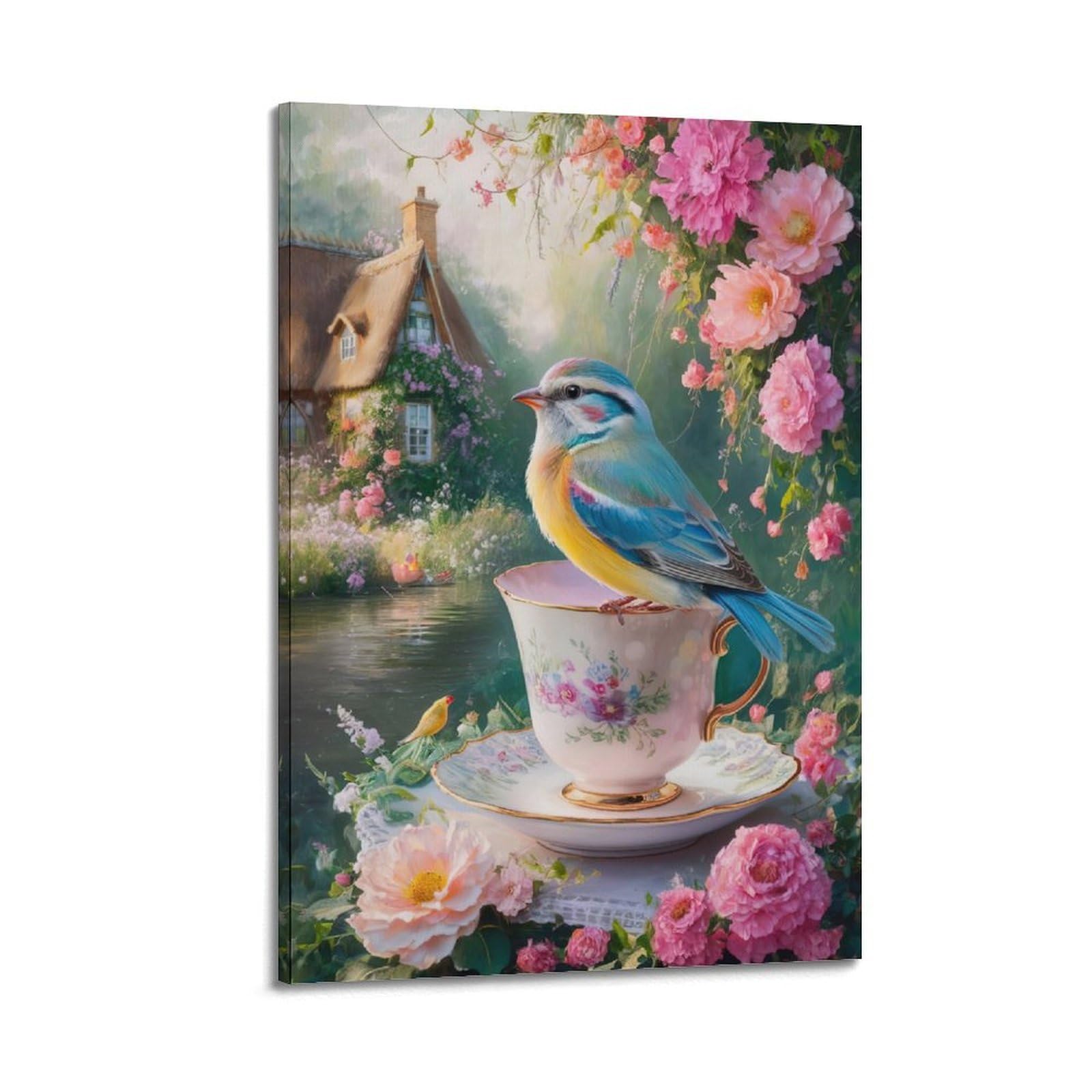 CPGLJD Animal Poster Birds on Teacups Poster Decorative Painting Canvas Wall Posters And Art Picture Print Modern Family Bedroom Decor Posters 20x30inch(50x75cm)