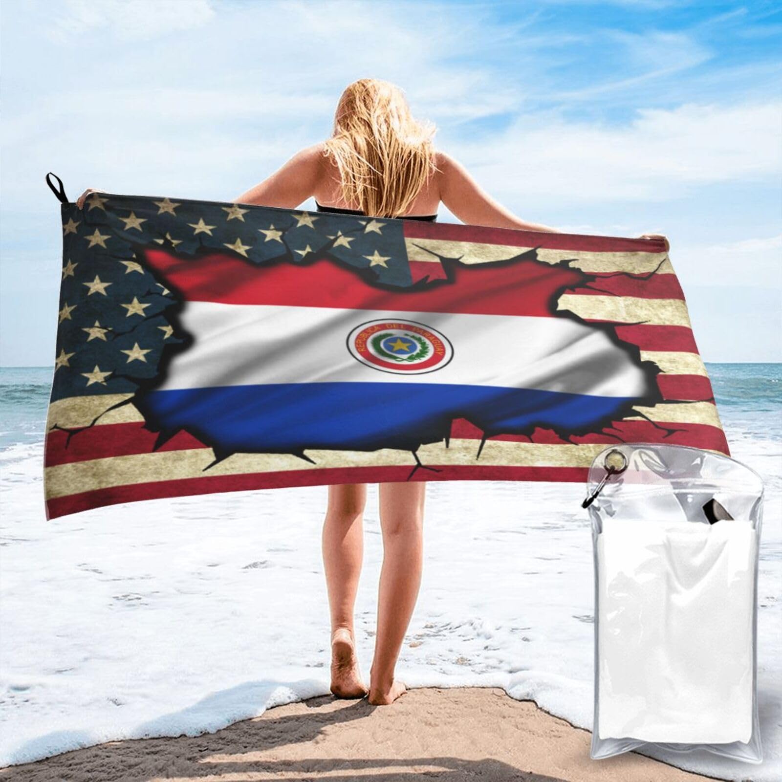 HACXZ Vintage America Flag and Paraguay Flag Absorbent Beach Towel Microfiber Beach Towel Lightweight 27.5"X55"