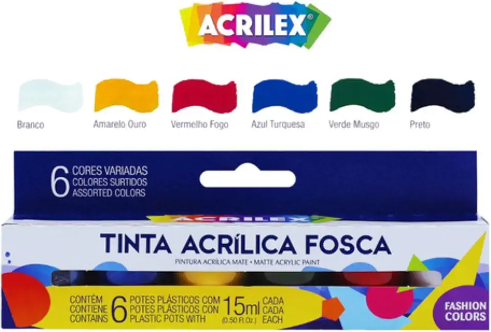 Tinta Acrílica Fosca 15ml 6 Cores Art Teen 03506 Acrilex – Para Artesanato e Pinturas Diversas Indicada Para Uso Em Madeira, Papel, Cerâmica, Isopor, Couro, Gesso, Cortiça, Vidro E Pet, Esta Tinta Proporciona Excelente Cobertura, Secagem Rápida E Facilidade De Uso Em Seus Projetos Criativos