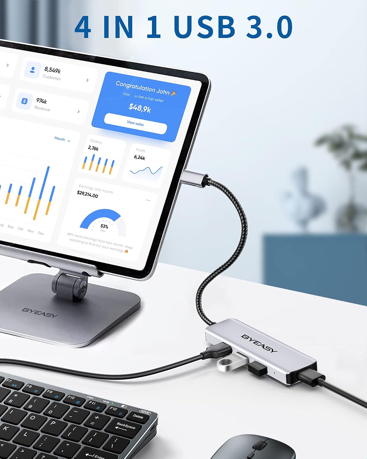 BYEASY USB C Hub 4 Ports - USB Hub for Laptop USB C to USB Multiport Adapter with Power Port - USB C Splitter Compatible for USB C Laptops MacBook Pro MacBook Air and Other Type C Devices