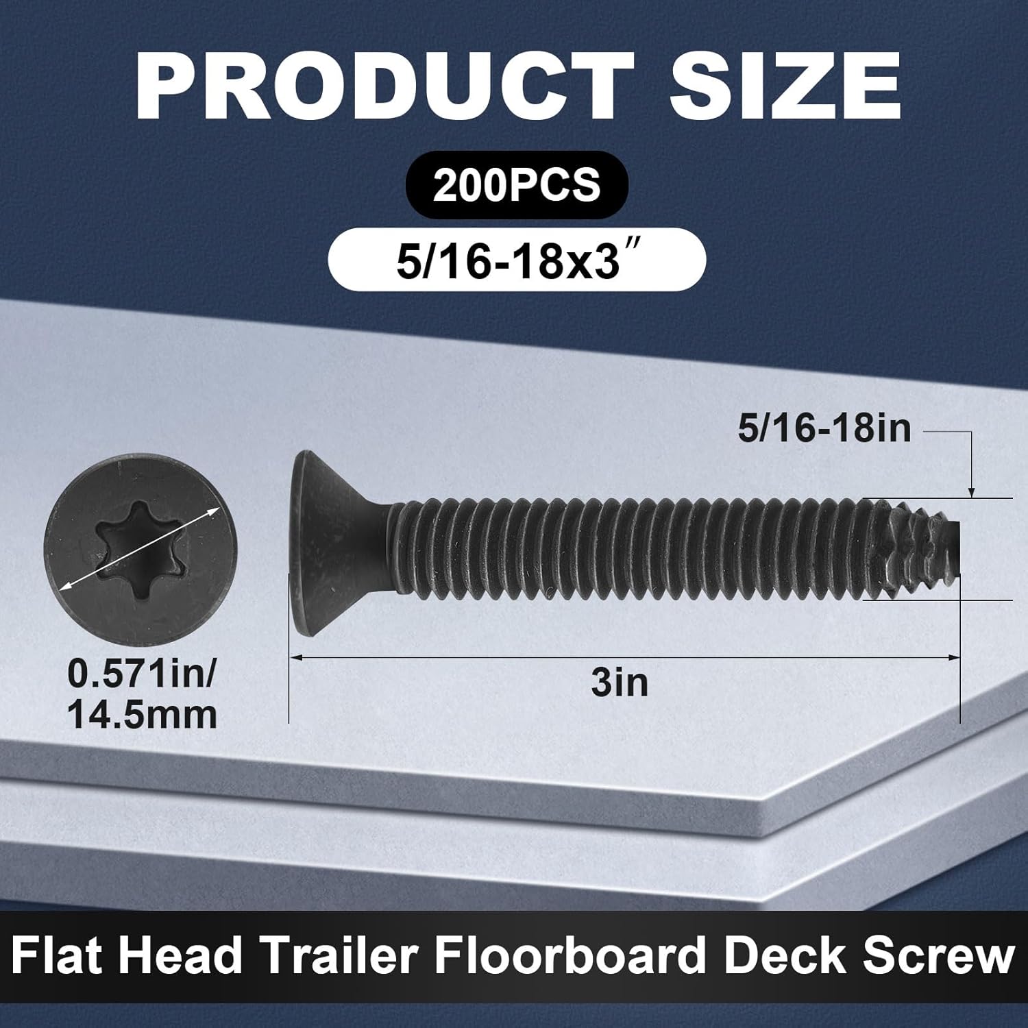 Blulu 200 Pcs Flat Head 5/16-18x3'' Trailer Deck Screws T40 Star Drive, Type F, Compatible with Hardwoods & Softwood Screws for Trailer Flooring