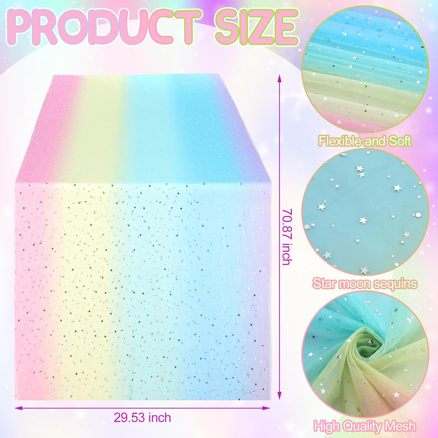 4 Pcs Rainbow Tulle Table Runner 29 x70 inch Colorful Lace Table Runner Pastel Iridescent Decor for Home Kitchen Garden Party Unicorn Birthday Baby Shower Wedding Bridal Shower Decor