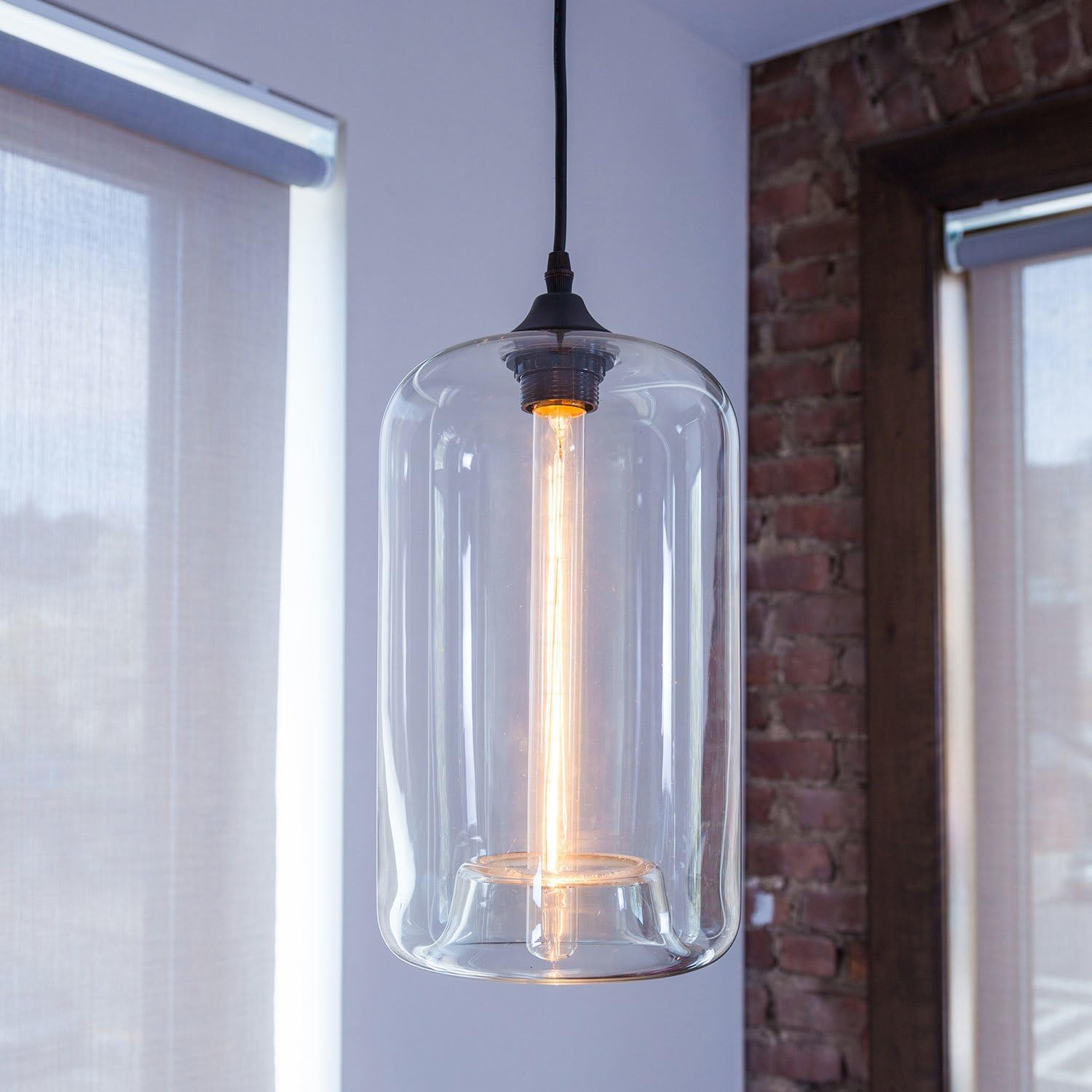 Hot Deals Clear Glass 1-Light Pendant Lamp, Windsor Heights Collection, Cylinder Shape Ceiling Fixture
