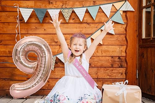 Miniatura 6 de Decoración de 9 cumpleaños para niña, banda, corona de diamantes de imitación, decoración de pastel, globo de aluminio, suministros de fiesta (rosa)