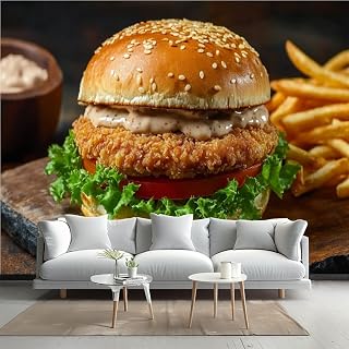 GAROLINAPW Vintage Wallpaper Copycat Chicken Fried Steak Burger Wall Mural Peel and Stick Canvas Art Wall Mural Decor Self- Adhesive Wallpaper for Bedroom Living Room