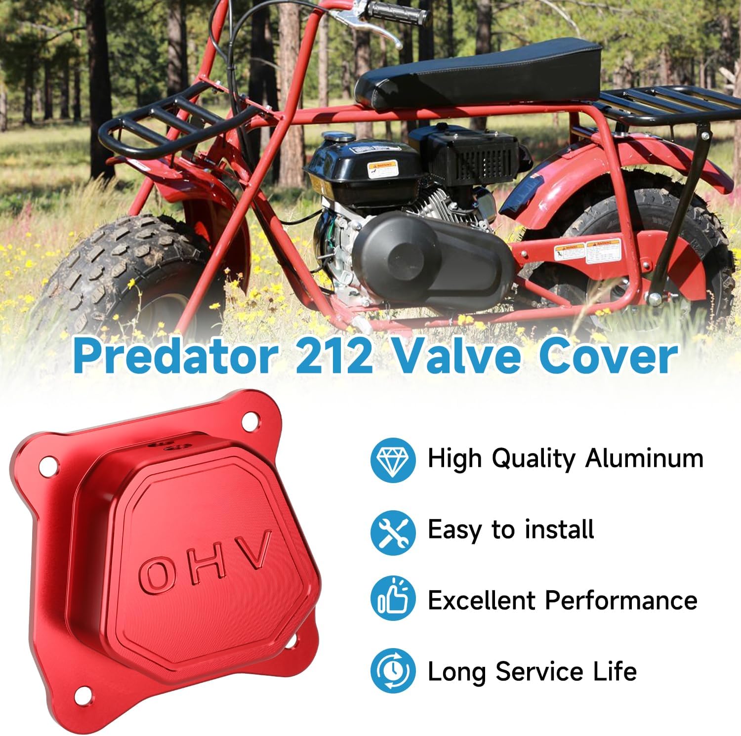 Billet Valve Cover Compatible with Predator 212 196cc Non Hemi 69730 6.5hp GX160 GX200 Clone Engine Coleman Mini Bike CT200U CT200U-EX Baja MB200 MB165 Go Kart Parts with Gasket Red