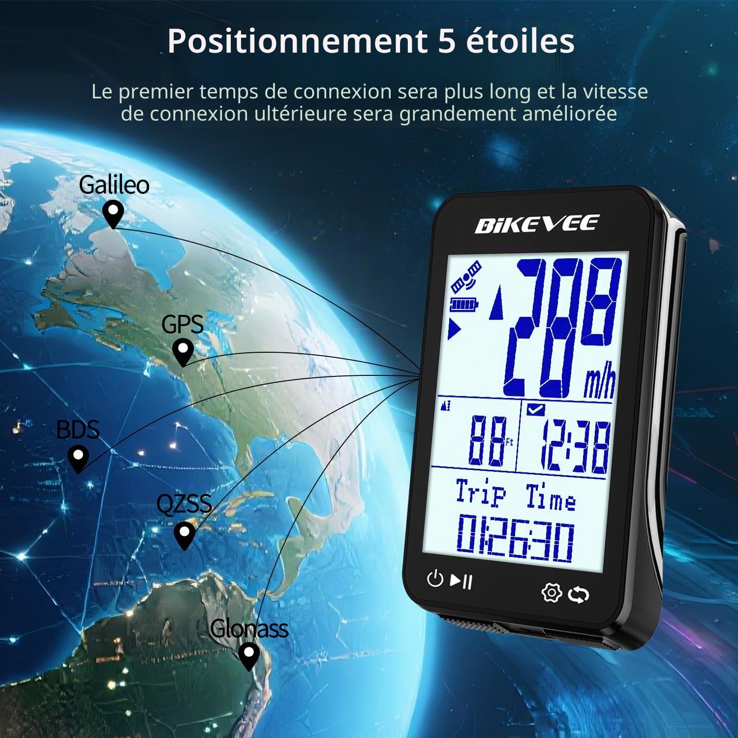 Compteur Vélo GPS sans Fil 9 Langues Étanche IPX7 Écran FSTN 2,4 Pouces Compteur VTT Vitesse Distance Altitude Autonomie 28H