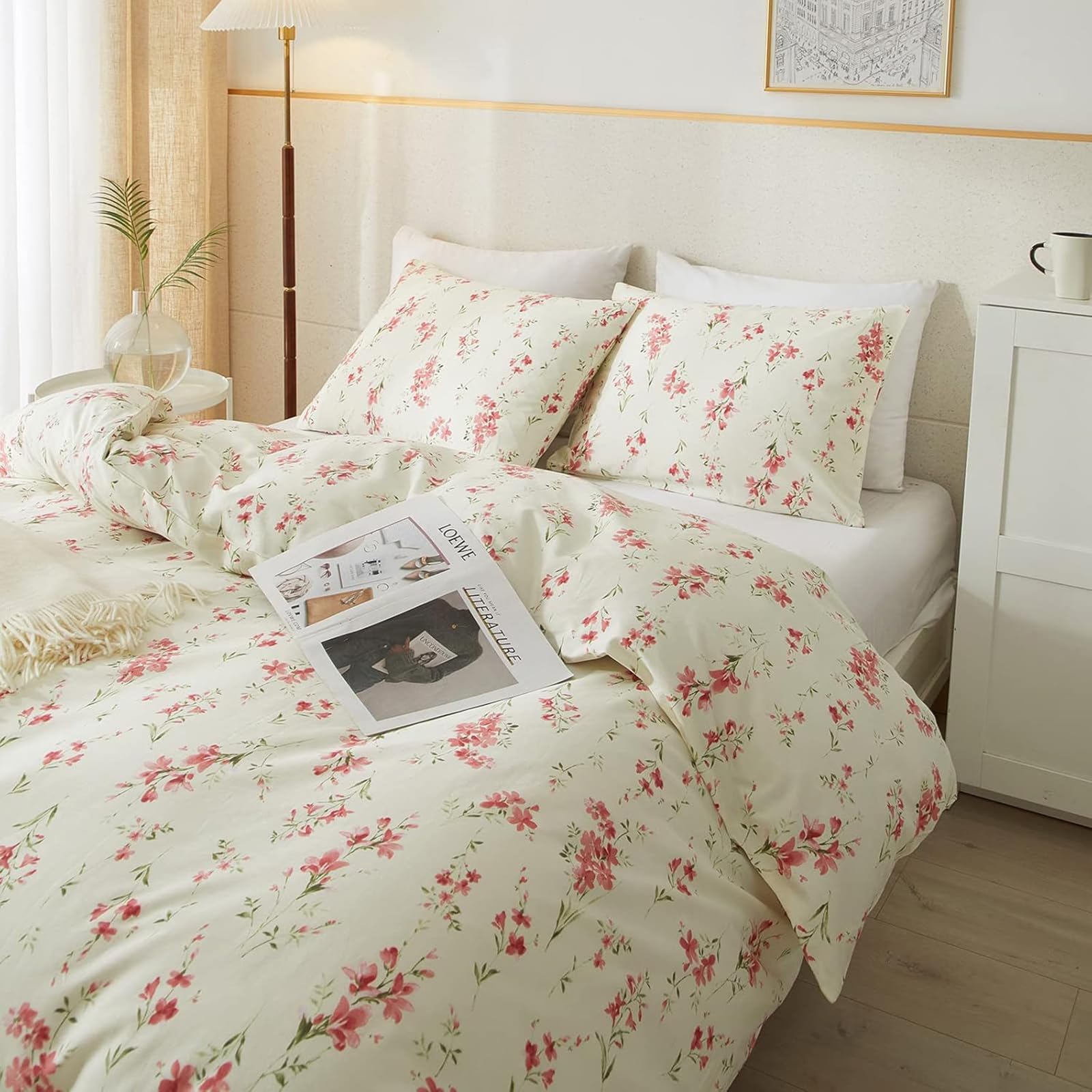 Tabeskly Red Floral flower Soft Zipper Bed Bedding Duvet Cover Set Double Beige 200×200cm, Multicolor1-4, Double(200×200cm) - Image 3
