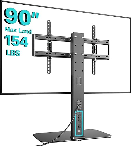 Soporte universal giratorio para TV con toma de corriente para televisores de 43 a 90 pulgadas, soporta 154 libras, soporte de mesa grande de altura