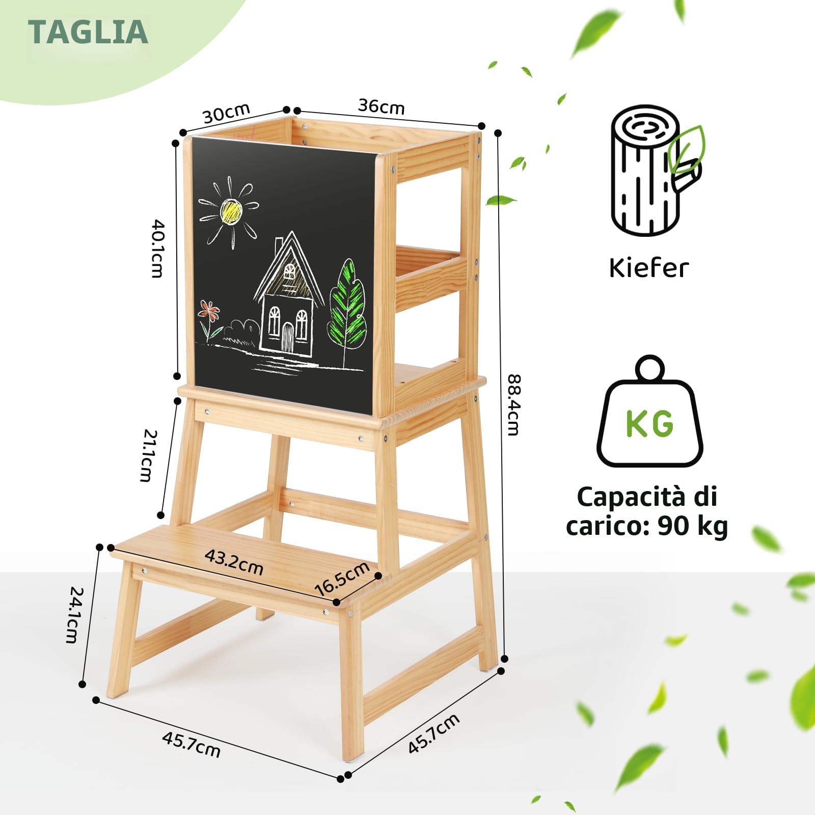 Torre Montessoriana per Bambini con Lavagna e Sbarra di Sicurezza, Sgabello Estraibile per Adulti, Naturale