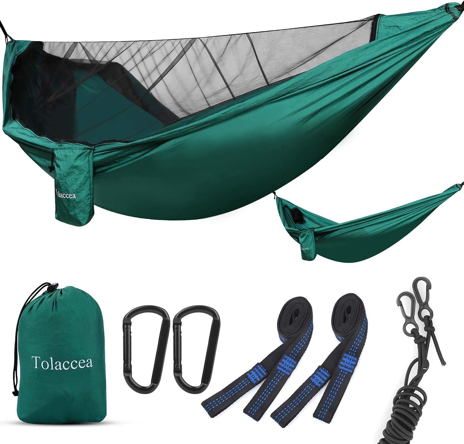 Tolaccea Camping Hammock with Mosquito Net, Lightweight Portable Hammock, Hold Up to 300kg, Parachute Nylon Hammocks with 2 Tree Straps, for Indoor,Outdoor,Backpacking,Travel,Backyard,Beach